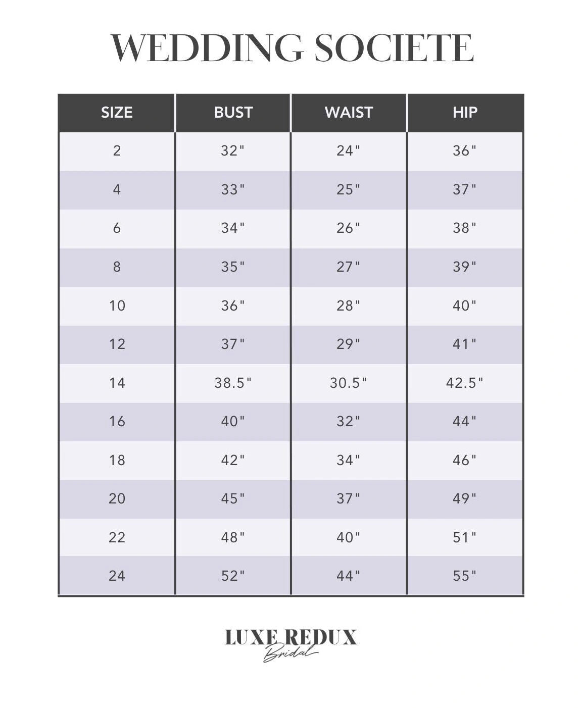 Wedding Societe WS22770 - Size 12 Size Chart