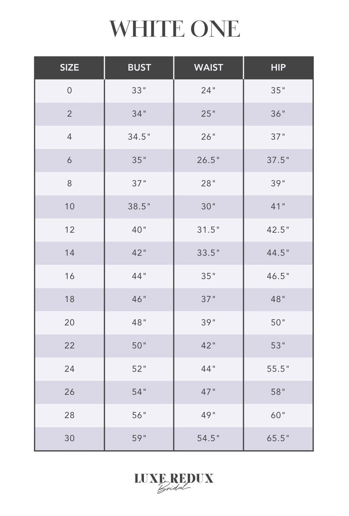 White One Gloria - Size 12 Size Chart