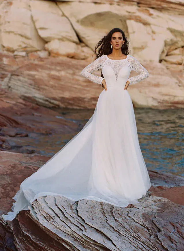 long sleeve wedding dress mermaid lace Sexy Mermaid Lace Tulle Long Sleeve Wedding Dress Country Garden Elega –  DorrisDress main image 1