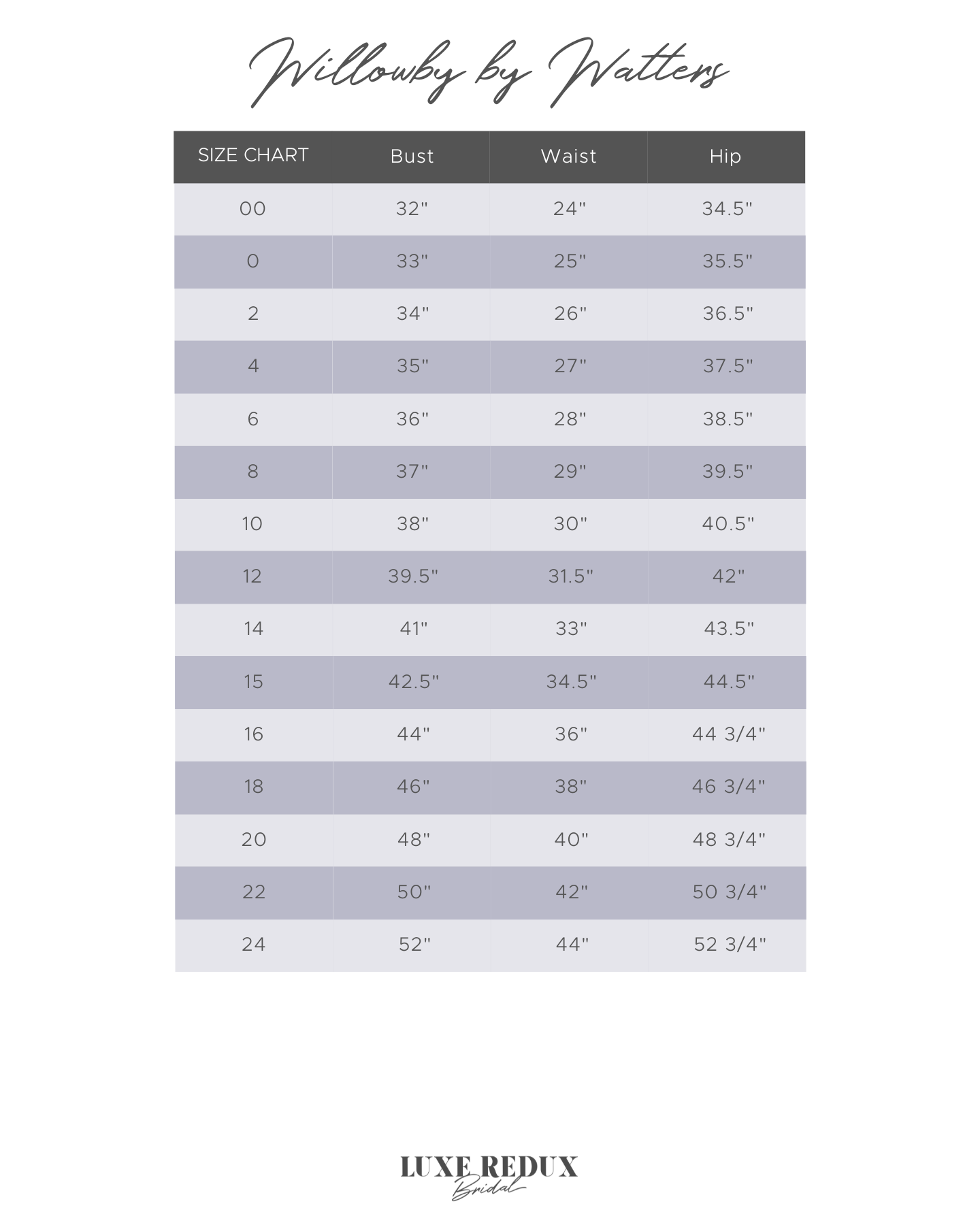 Willowby by Watters Aundin - Size 2 Size Chart