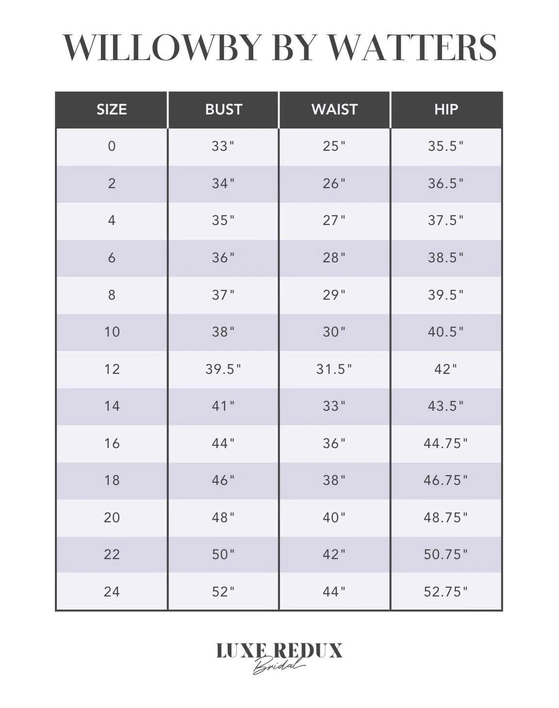 Willowby by Watters Rosebay - Size 12 Size Chart