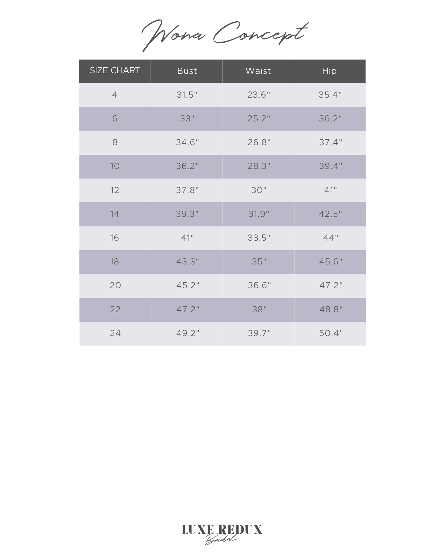 Wona Olivia - Size 8 Size Chart