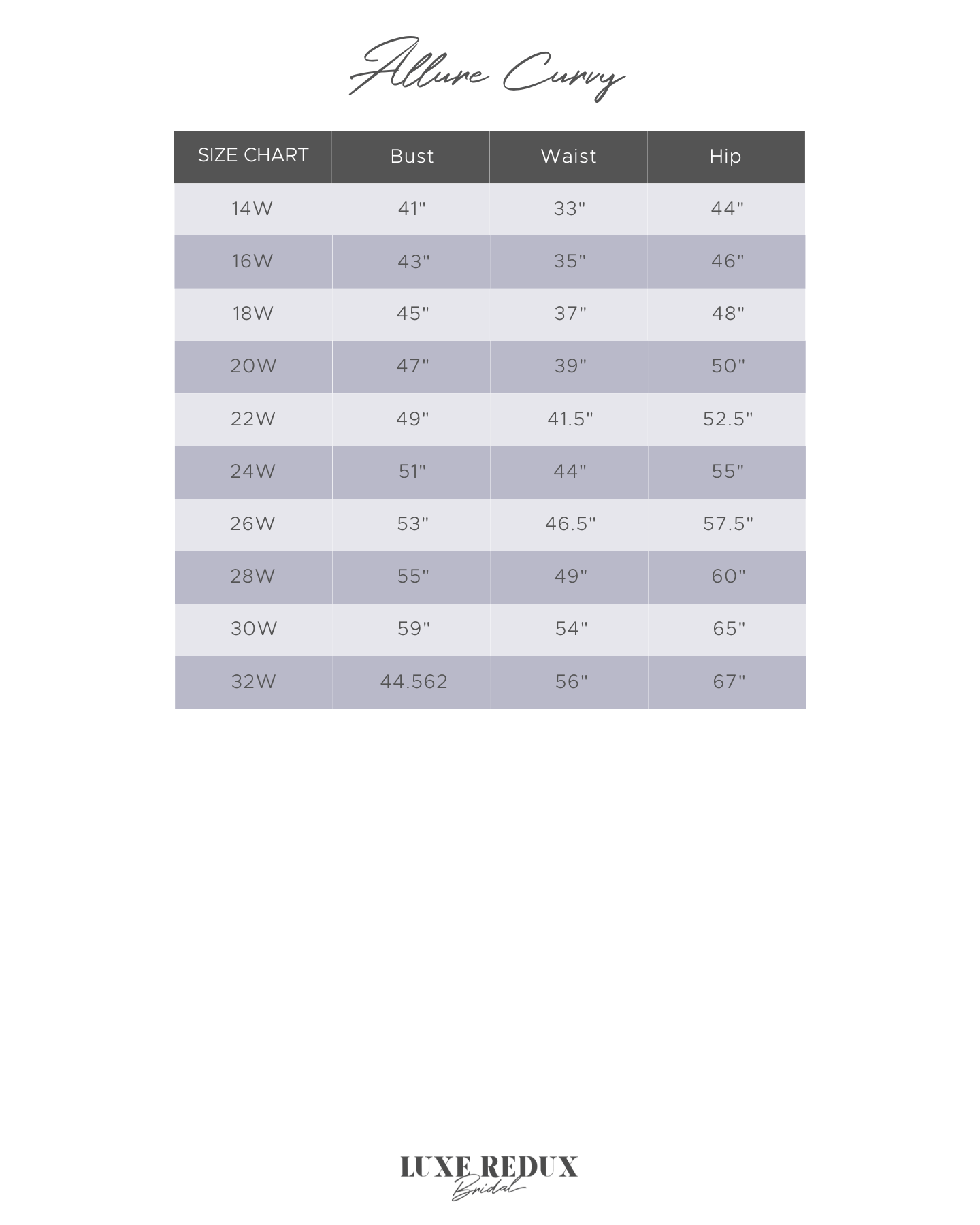 Allure W405 - Size 24W Size Chart