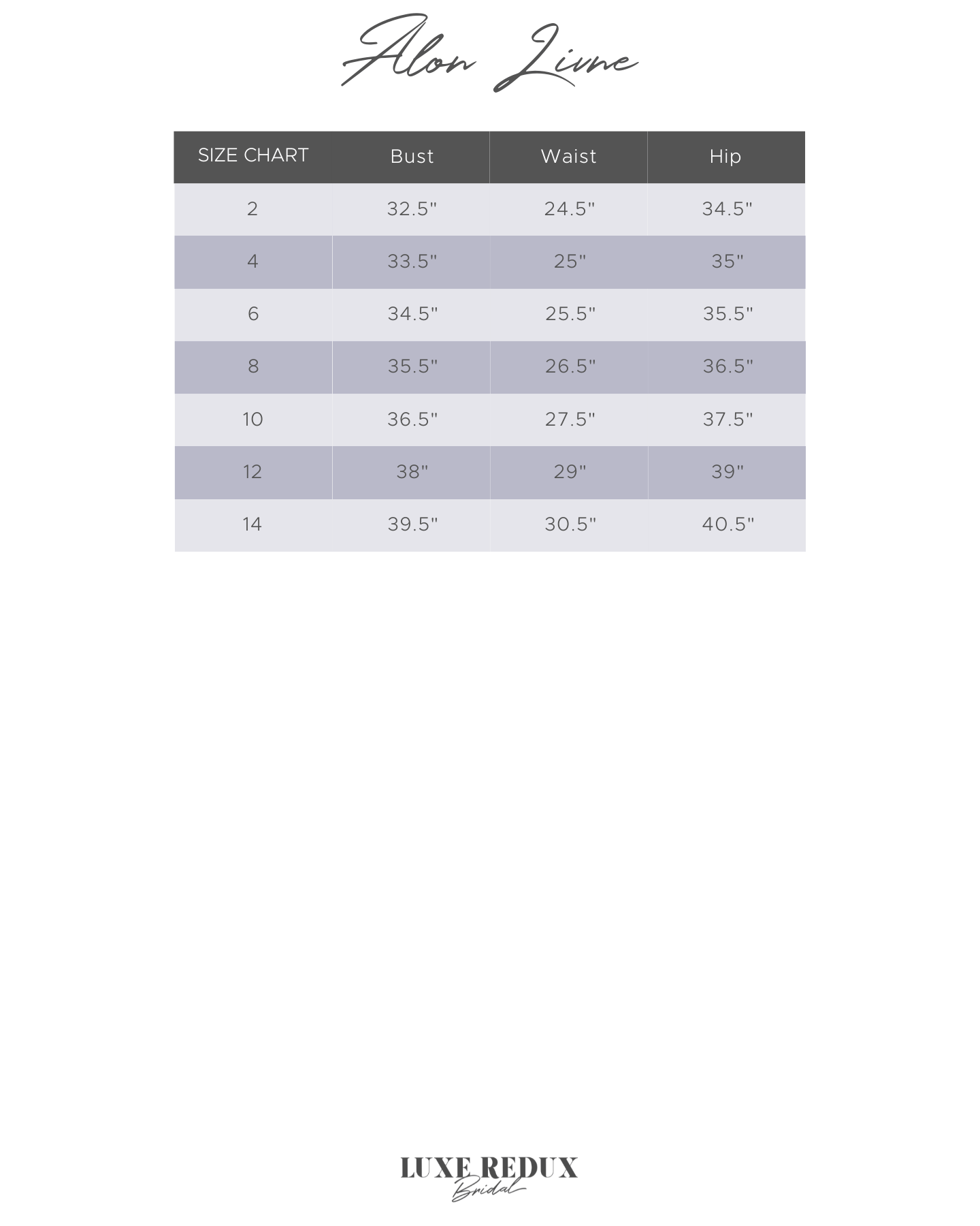 Alon Livné Mila - Size 12 Size Chart