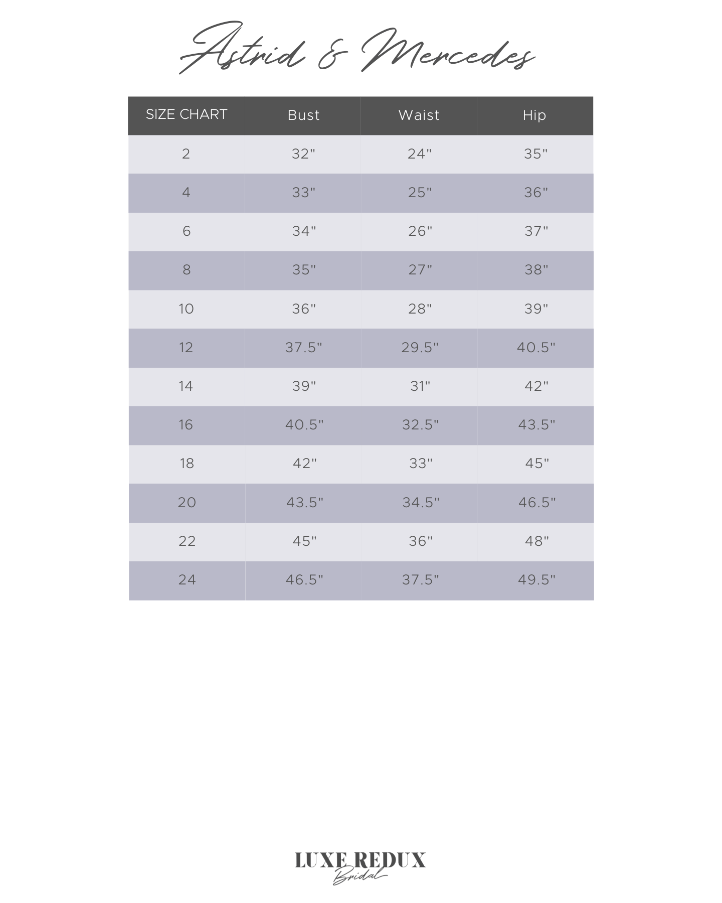 Astrid & Mercedes True Love - Size 12 Size Chart