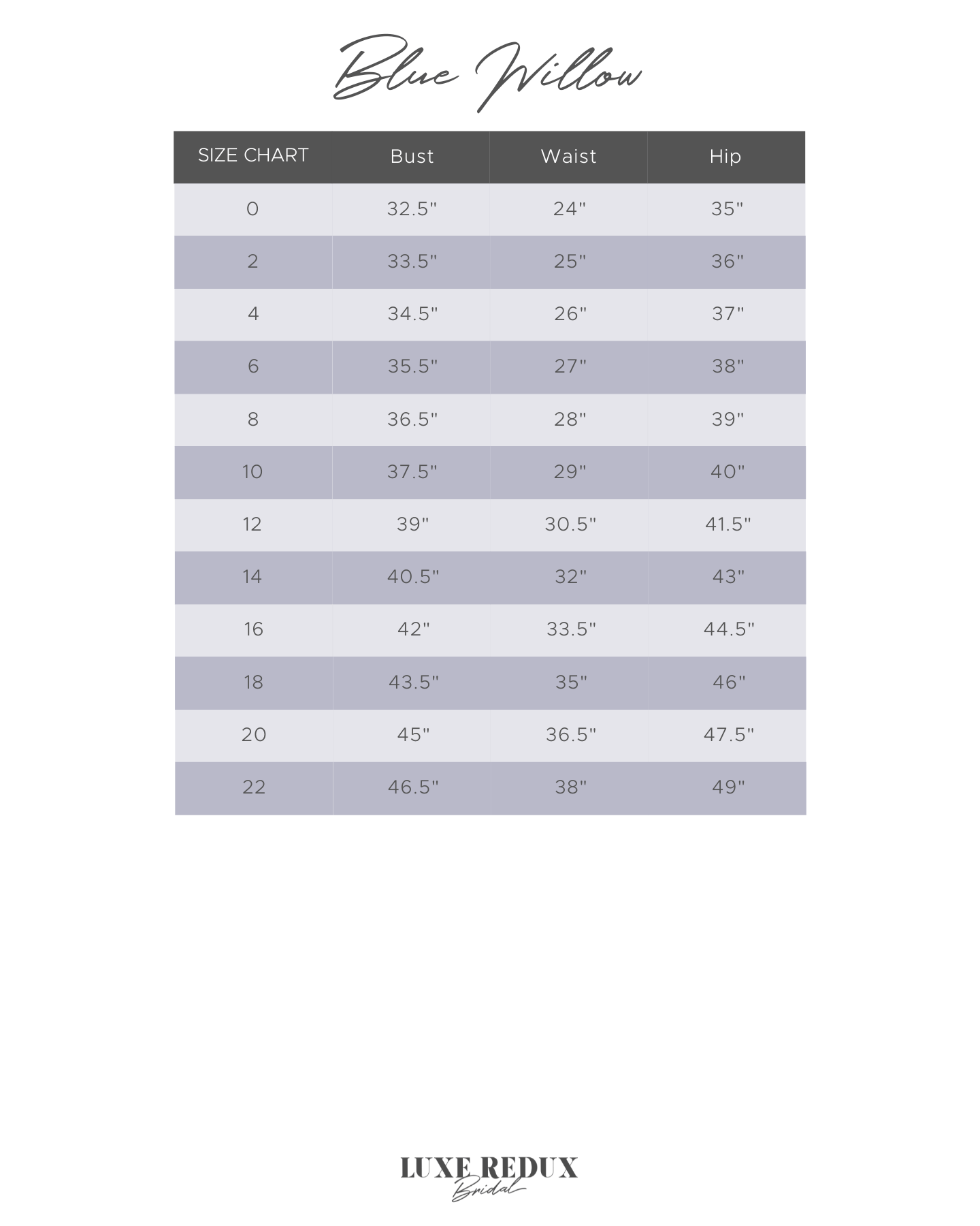 Blue Willow by Anne Barge Chandon - Size 12 Size Chart