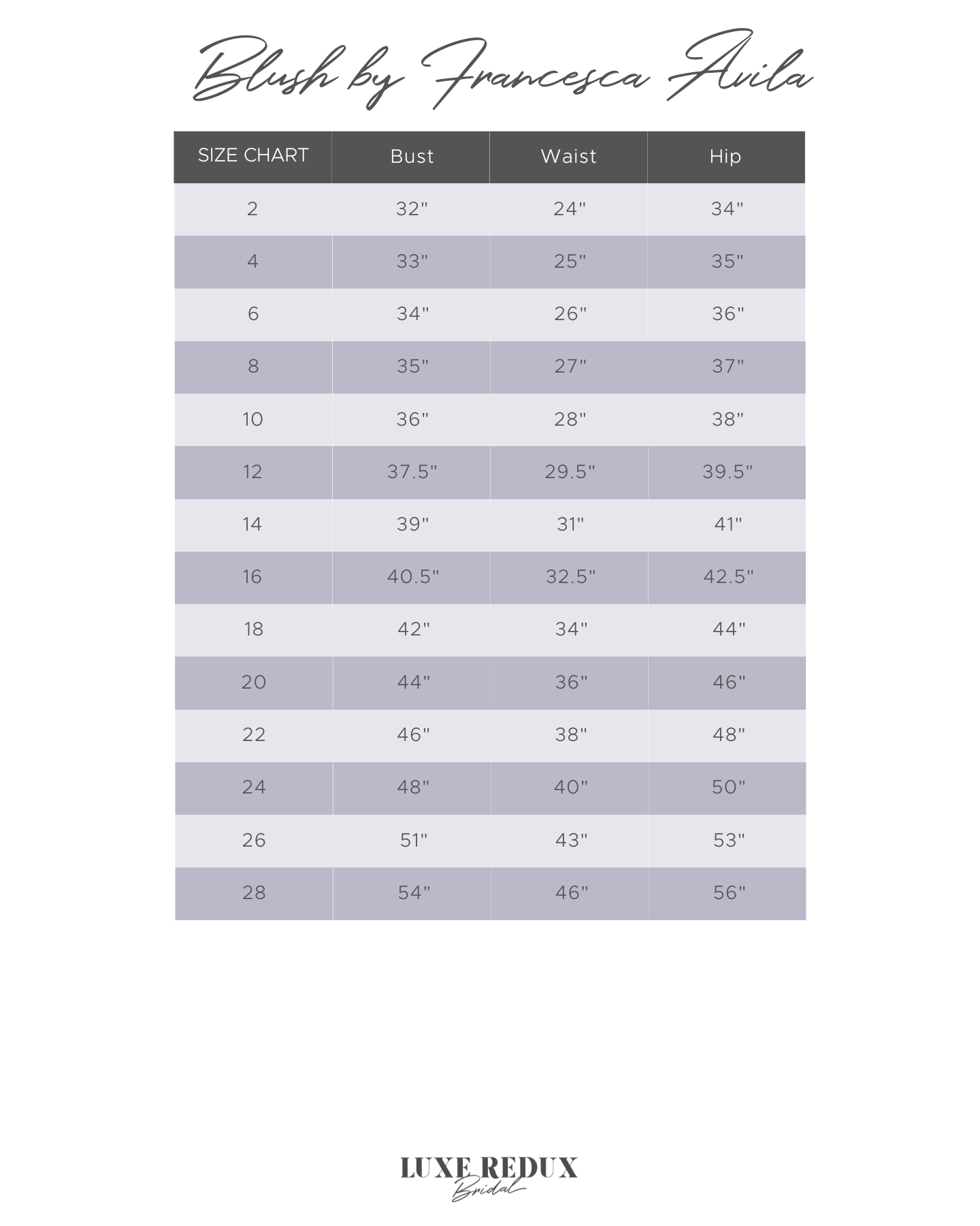 Blush by Francesca Avila Luca - Size 14 Size Chart