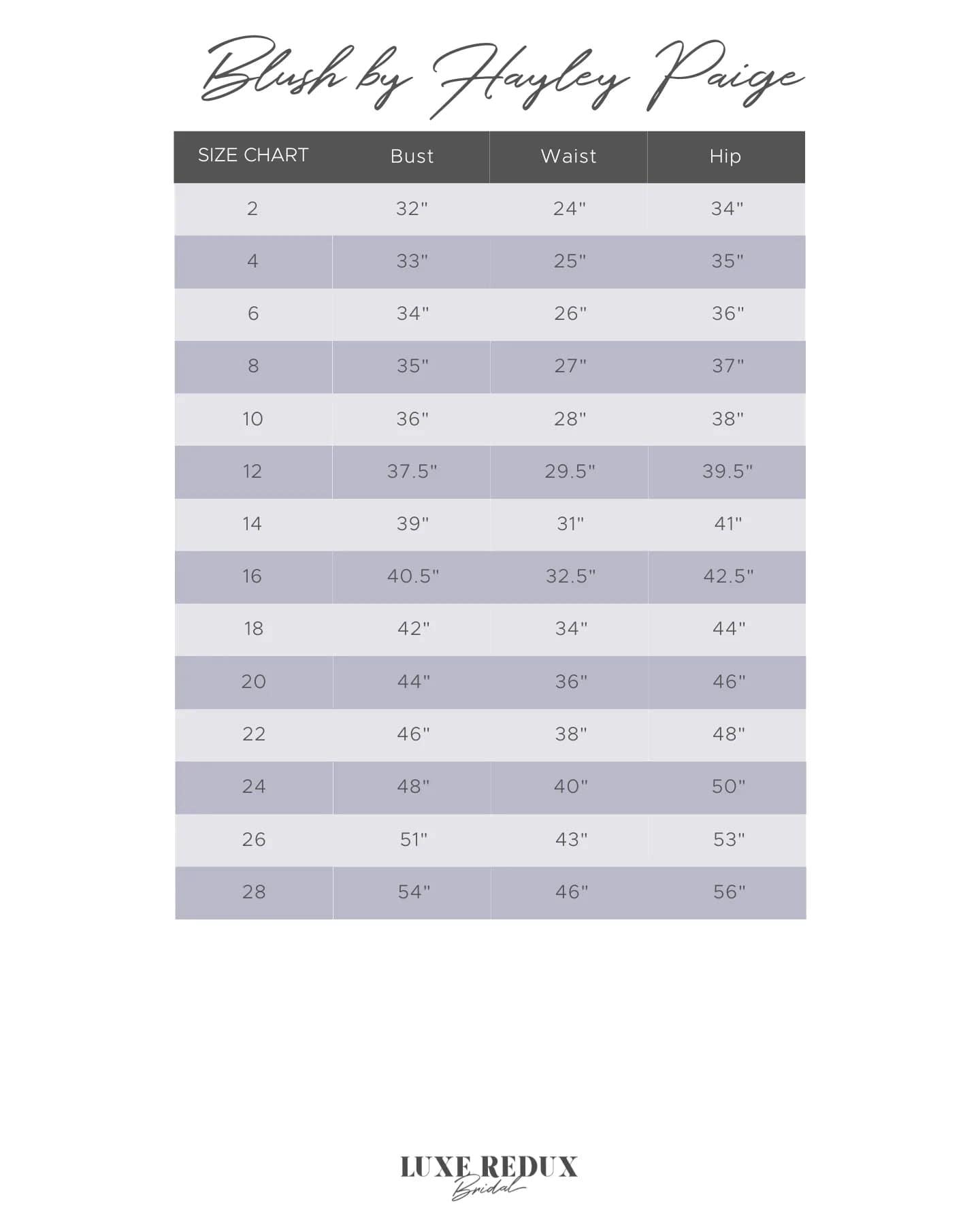 Blush by Hayley Paige Dakota - Size 24 Size Chart