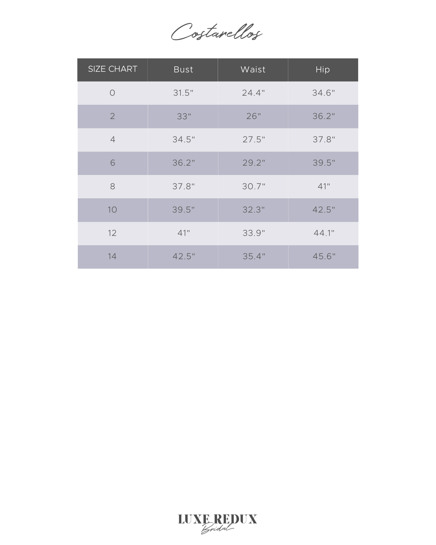Costarellos Anisia - Size 8 Size Chart