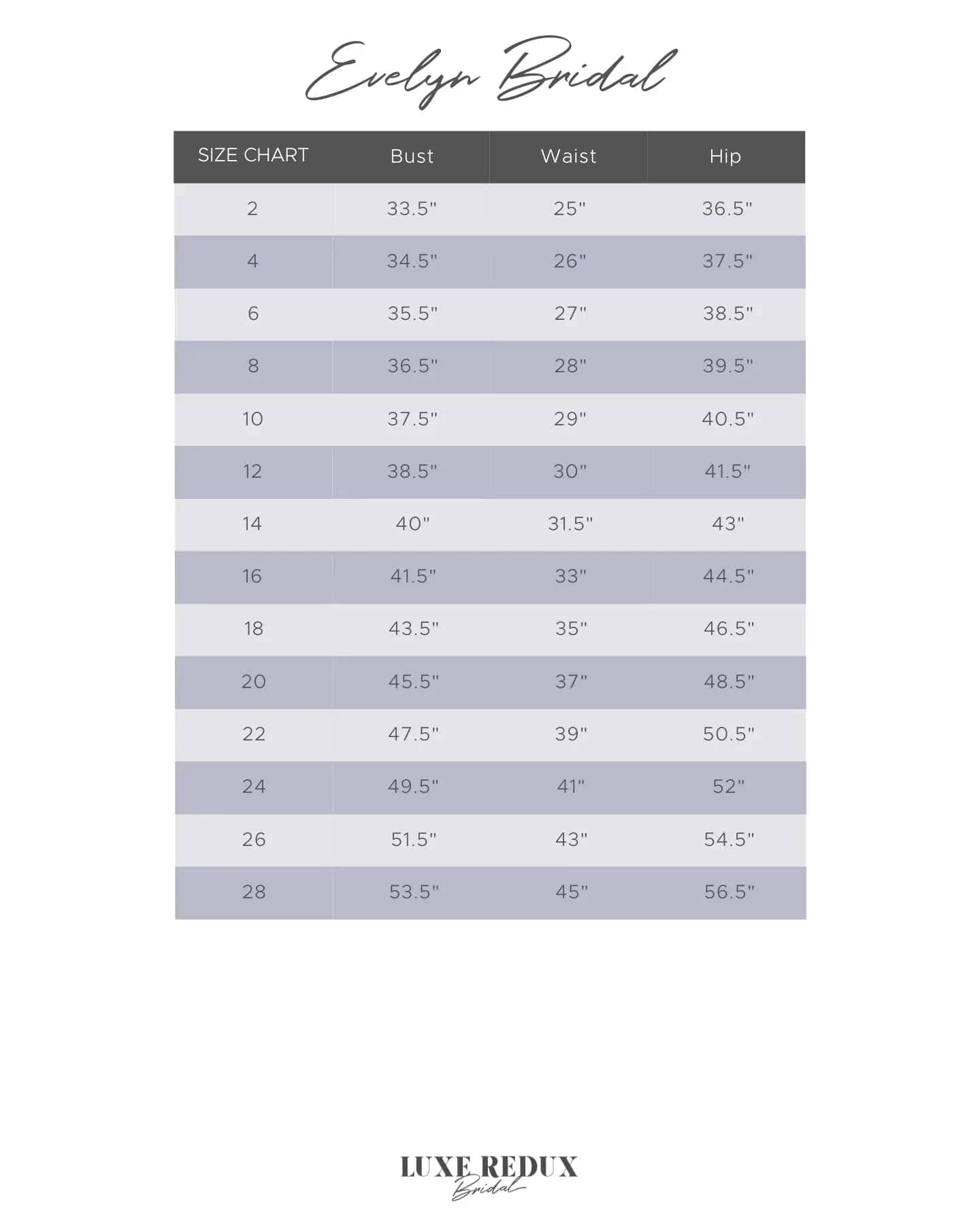Evelyn Bridal Avery - Size 2 Size Chart