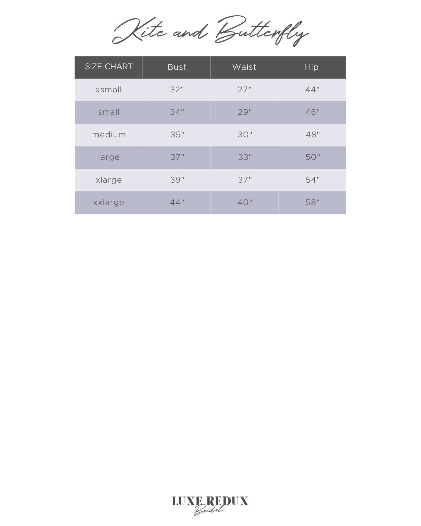 Kite and Butterfly Verity - Size Medium Size Chart