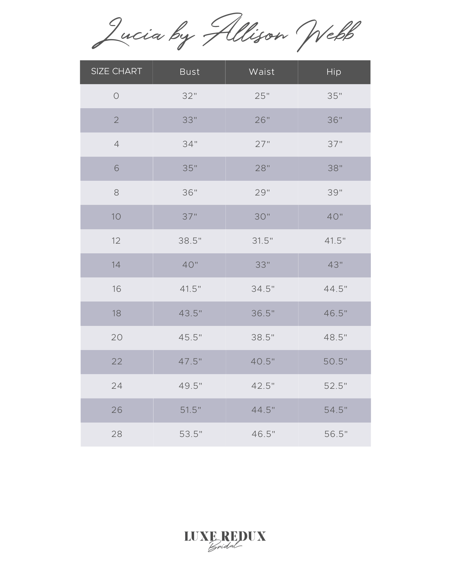 Lucia by Allison Webb Alaia - Size 12 Size Chart