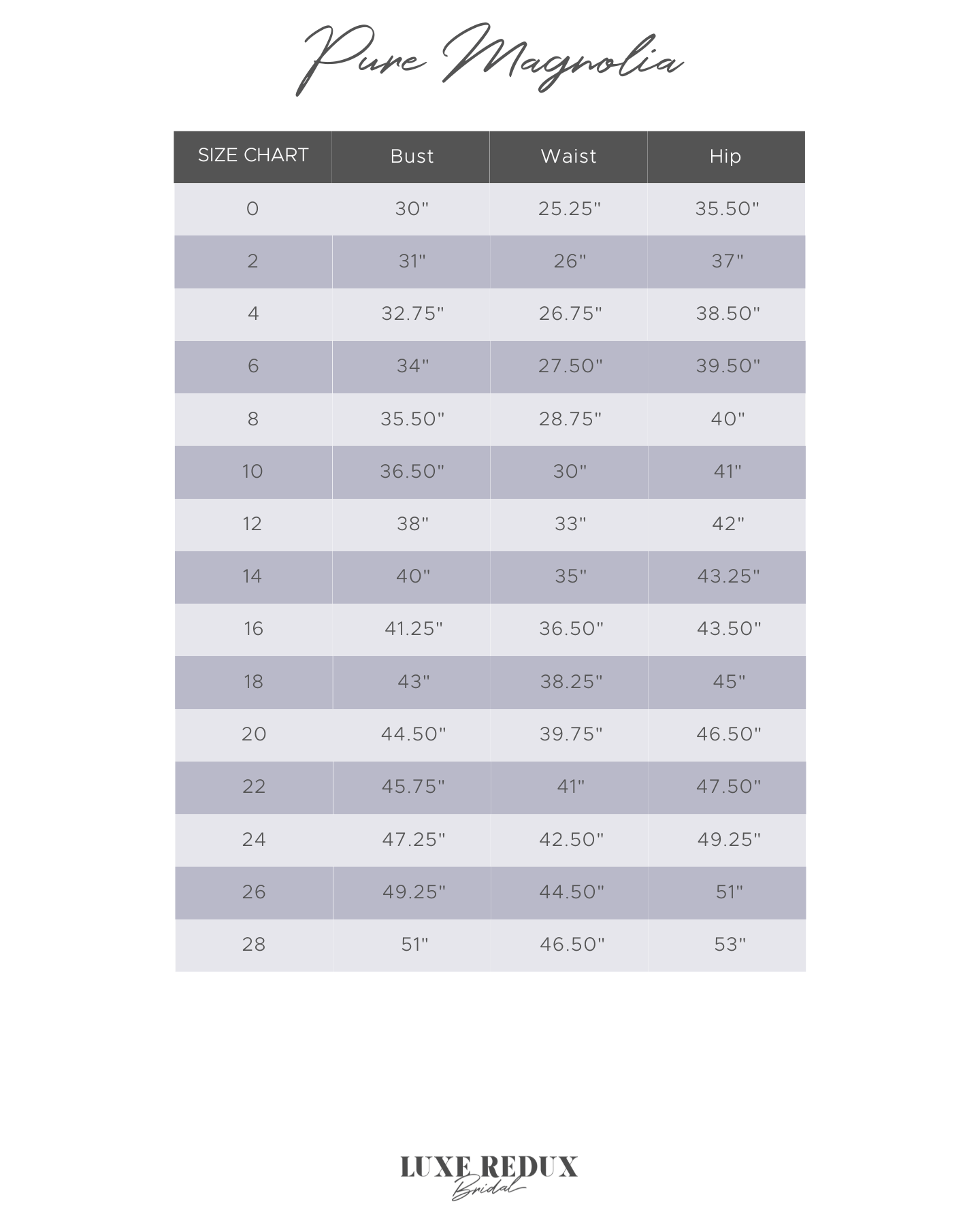 Pure Magnolia Gatsby - Size 6 Size Chart