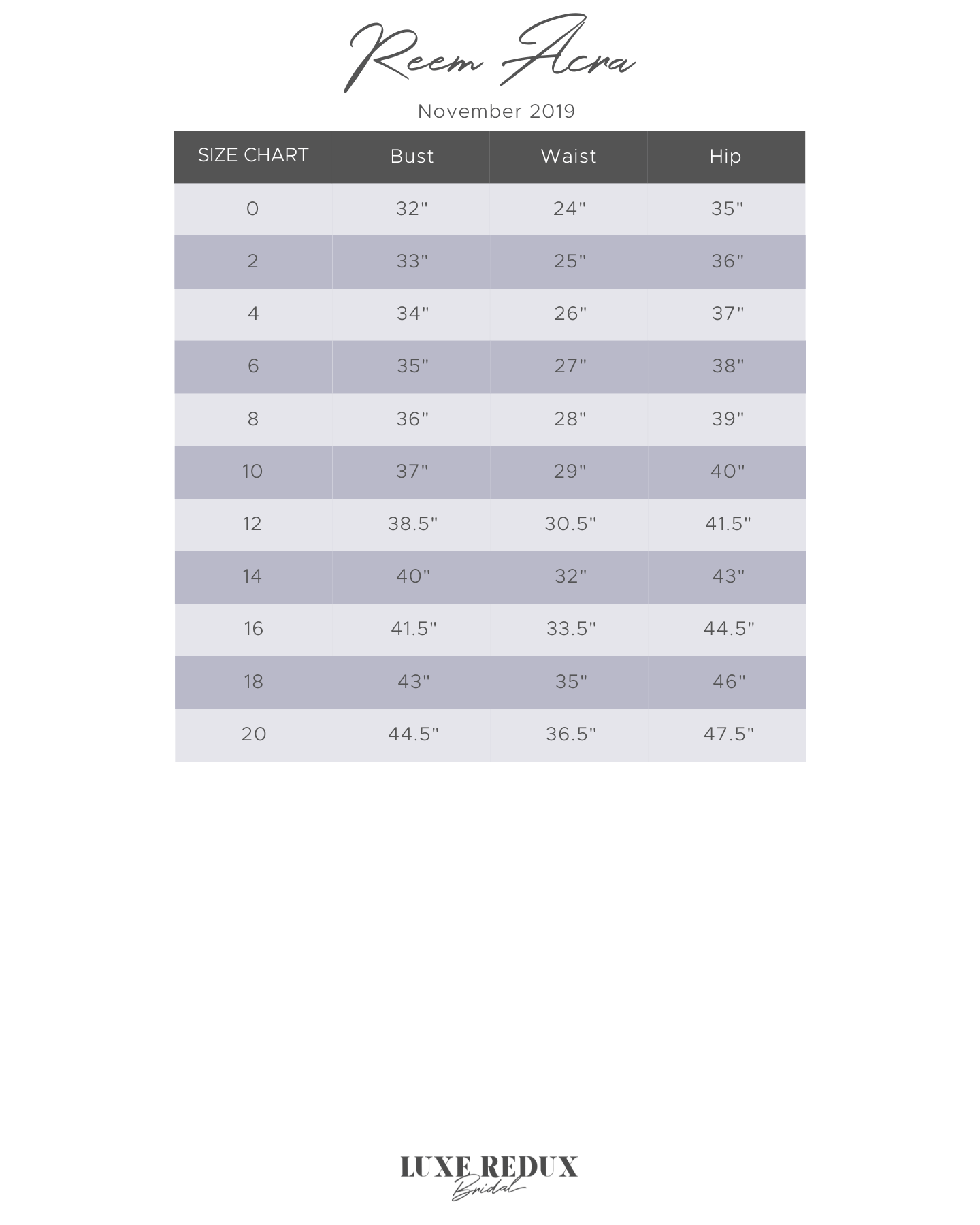 Reem Acra Starlight - Size 10 Size Chart