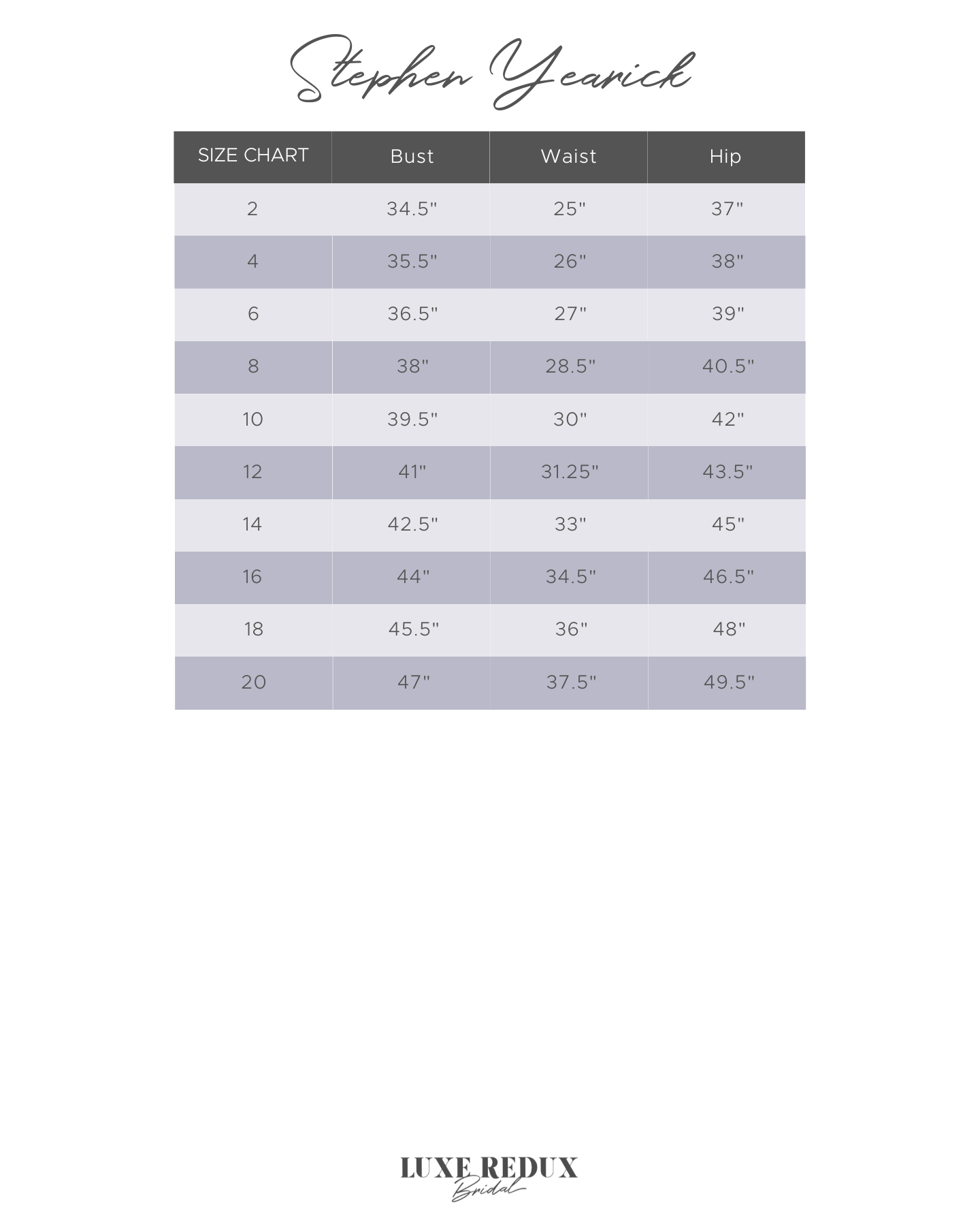Stephen Yearick 14240 - Size 6 Size Chart
