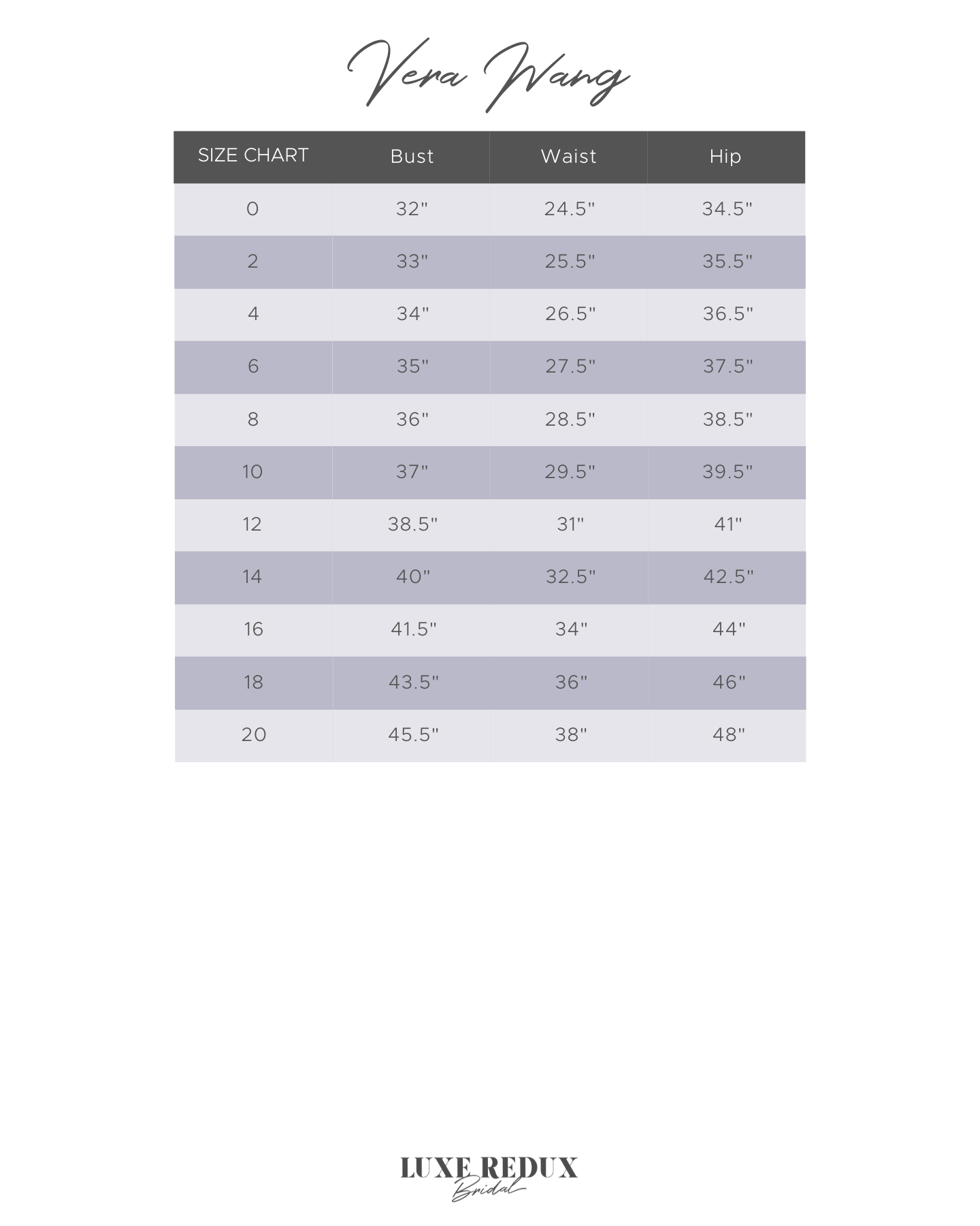 Vera Wang Delaney - Size 12 Size Chart