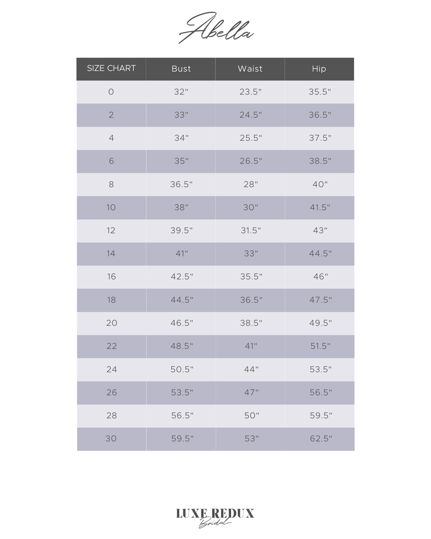 Abella E301 - Size 14 Size Chart