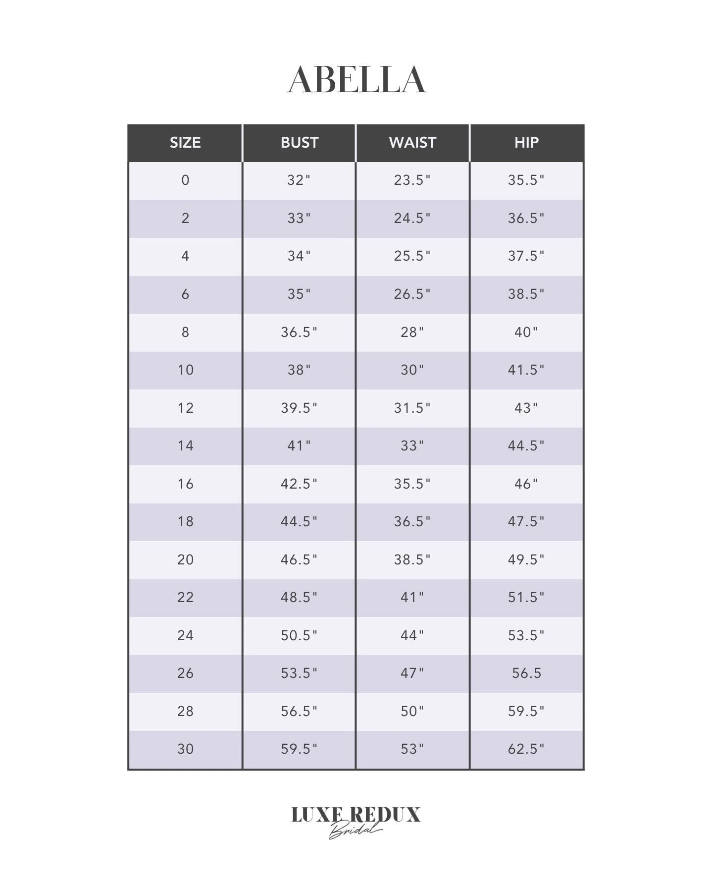Abella Bruna - Size 14 Size Chart