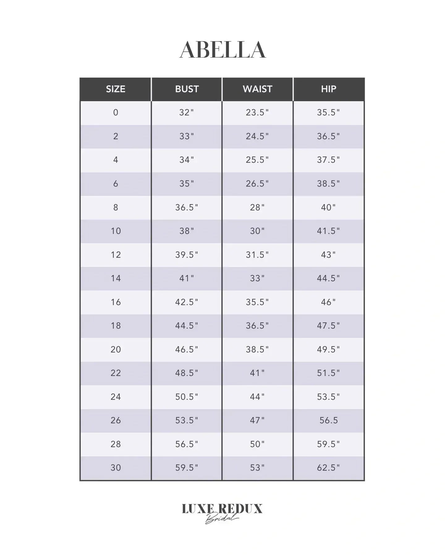 Abella Monaco - Size 24 Size Chart