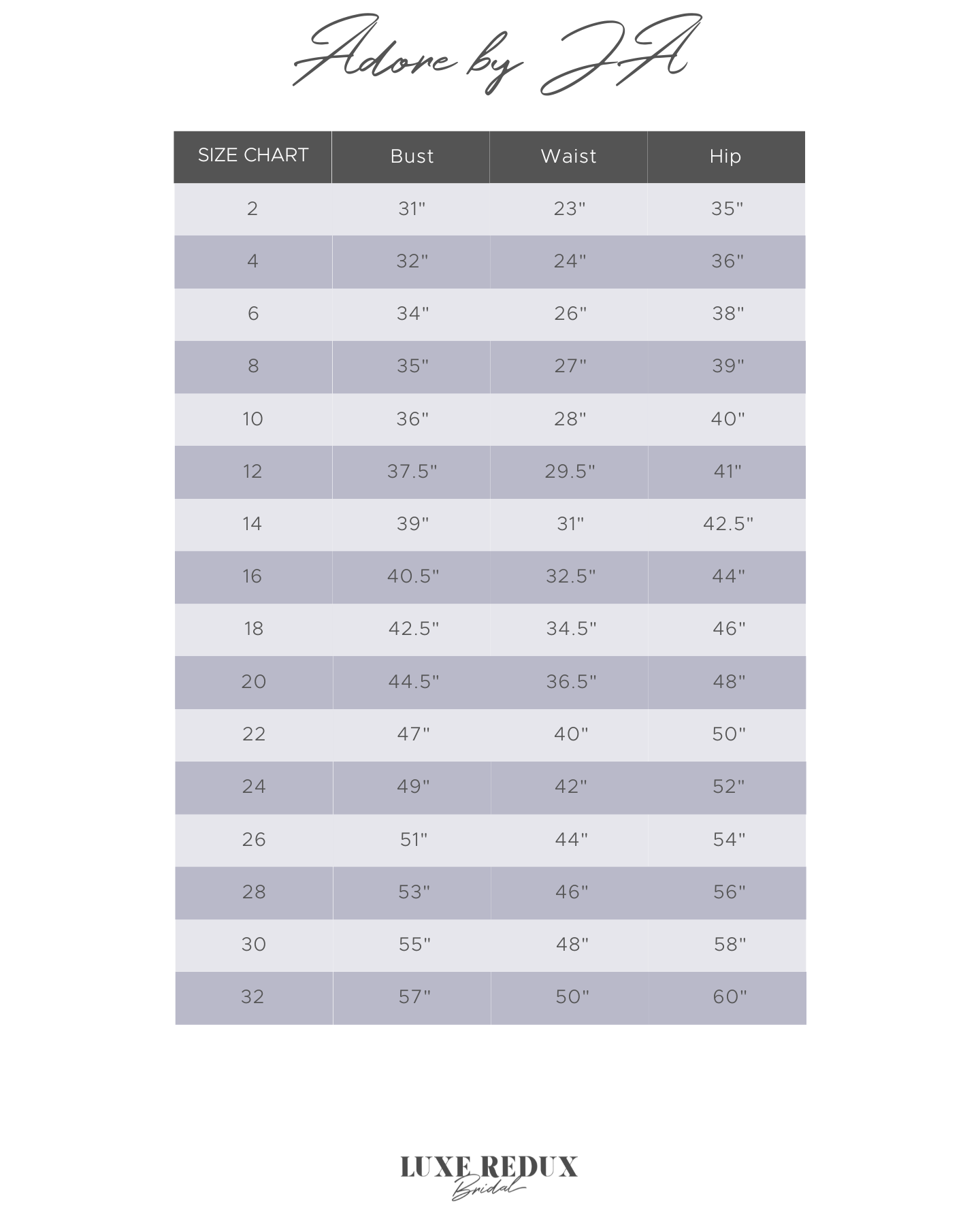 Adore by Justin Alexander 11267 Kiara - Size 8 Size Chart