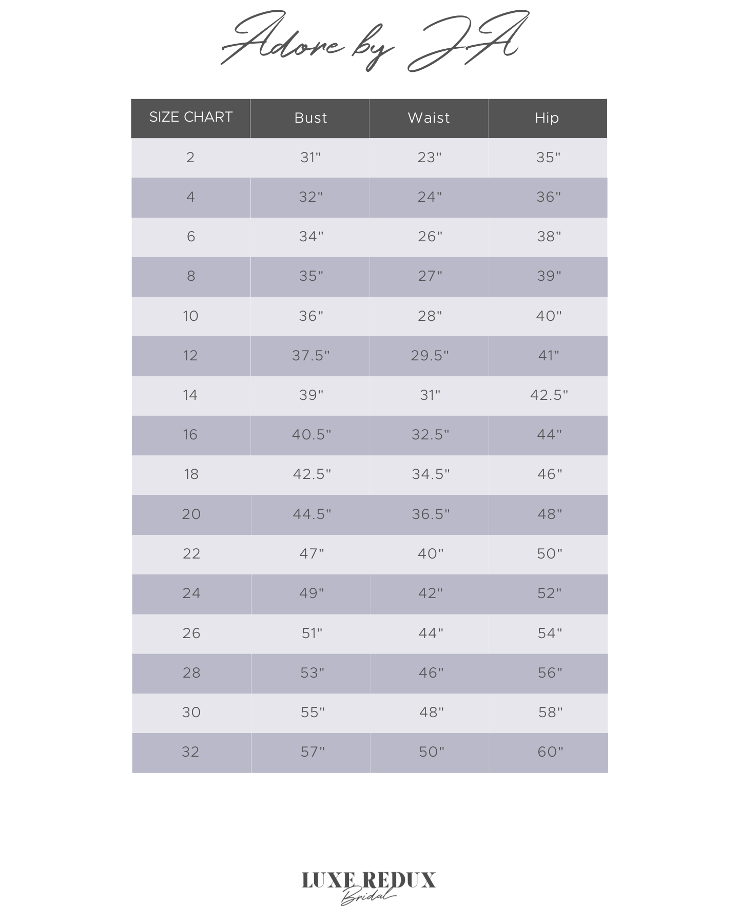 Adore by Justin Alexander Thea - Size 8 Size Chart