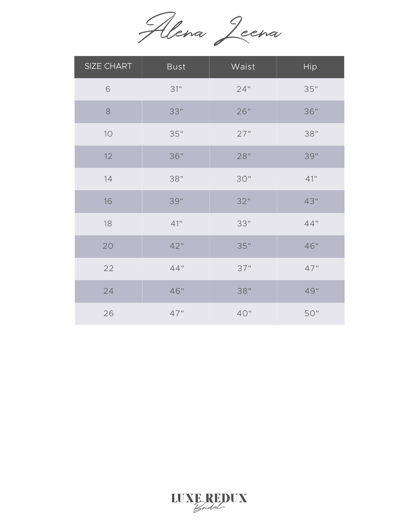 Alena Leena Edelweiss - Size 10 Size Chart