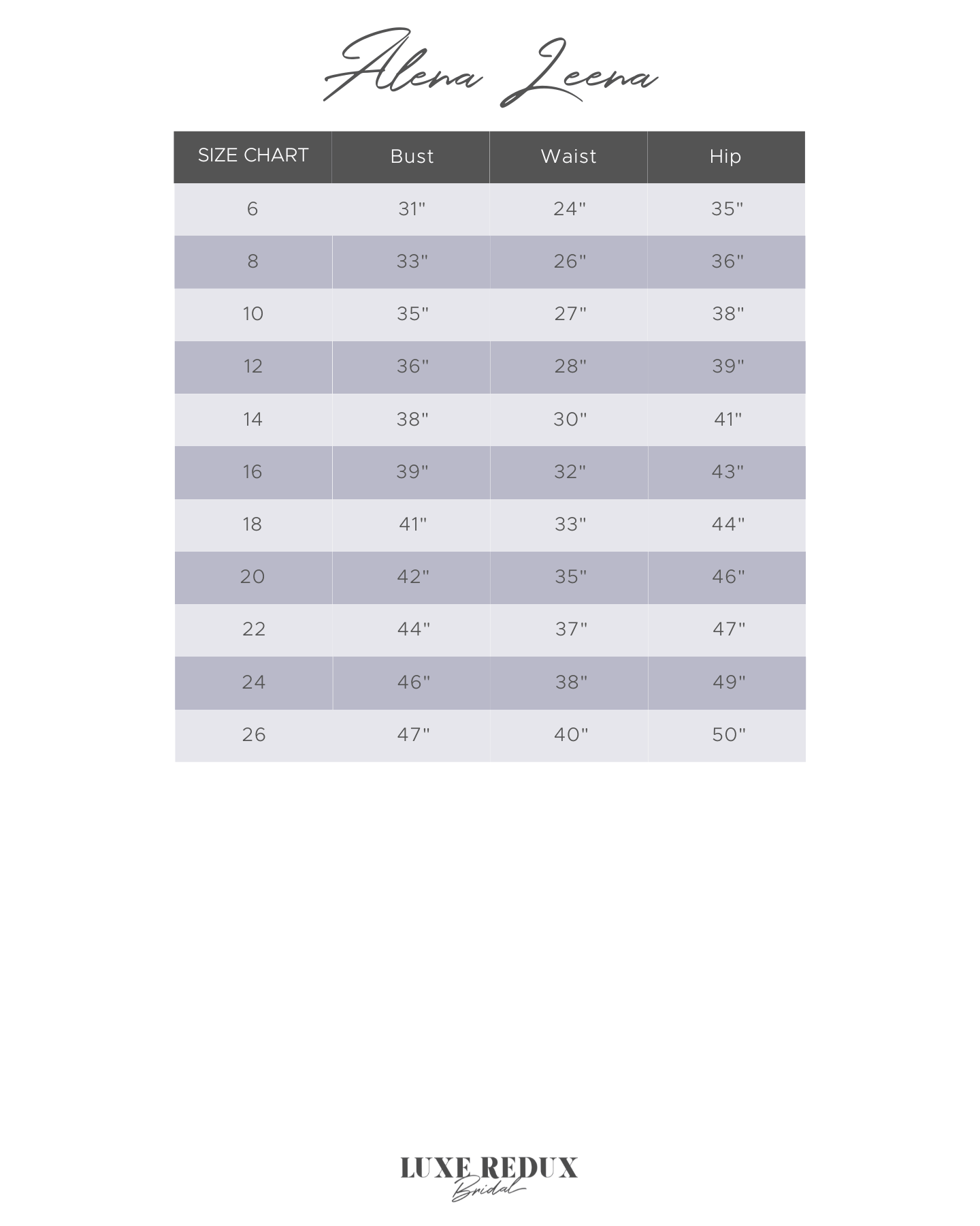 Alena Leena Clivia - Size 10 Size Chart