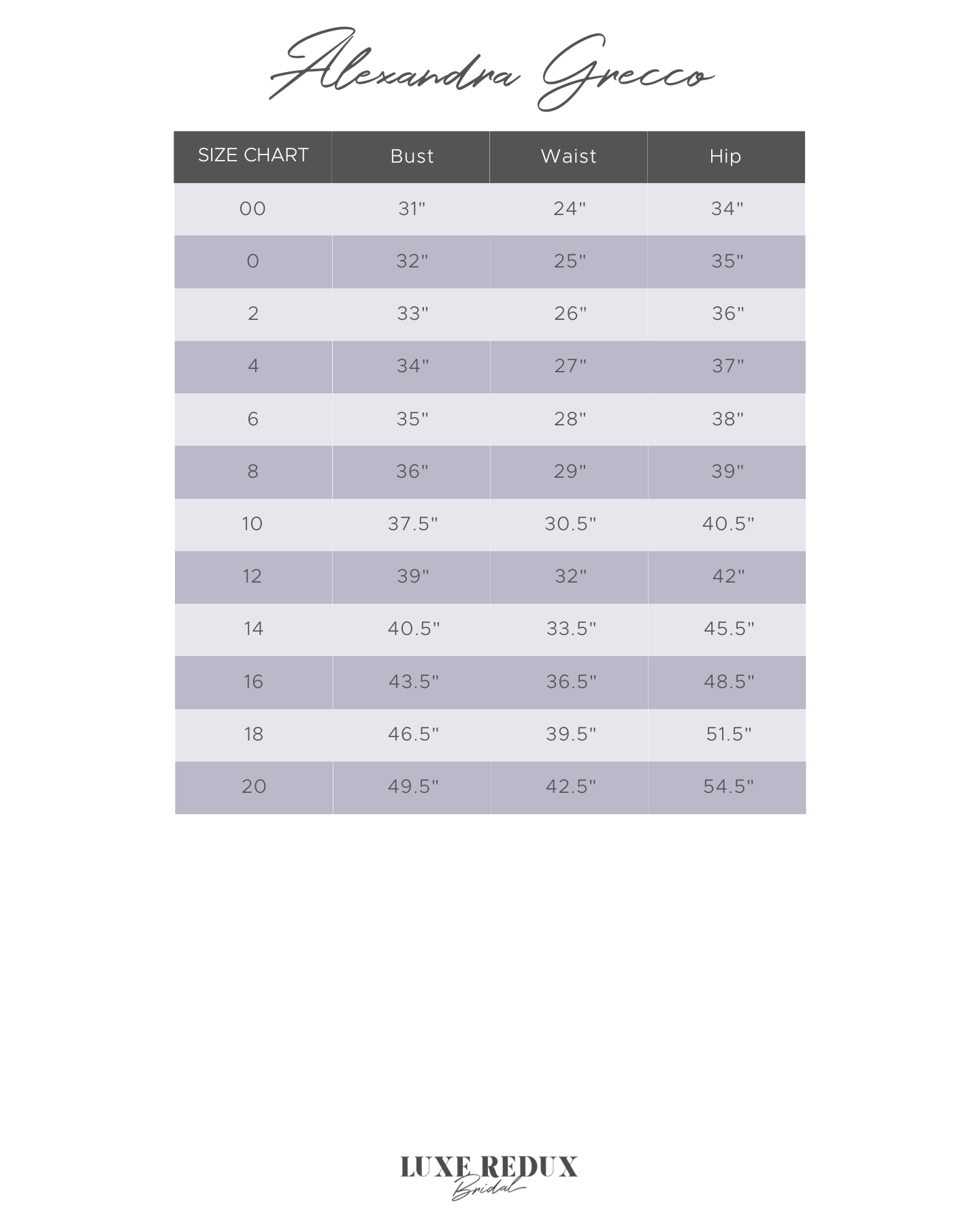 Alexandra Grecco Billie - Size 10 Size Chart