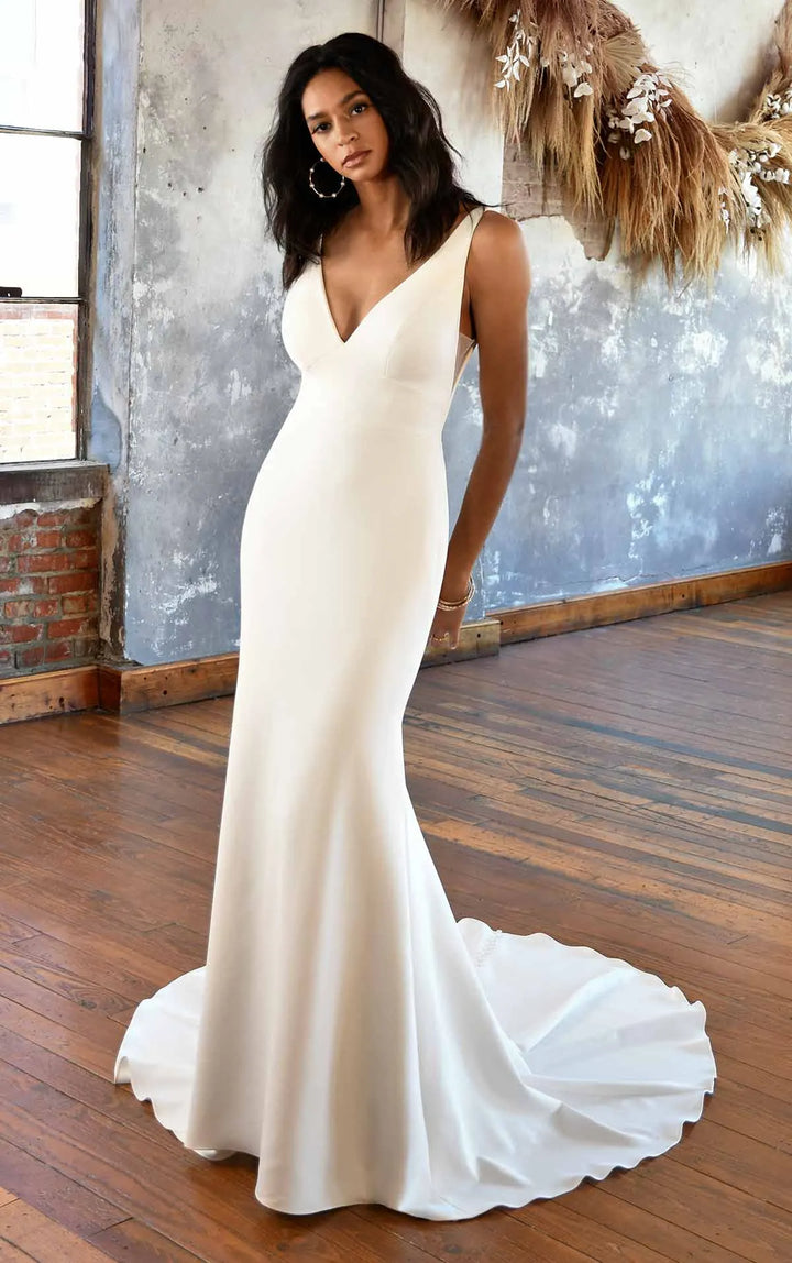 all who wander iona crepe fit and flare wedding dress showing front of gown, with v neckline and thick straps
