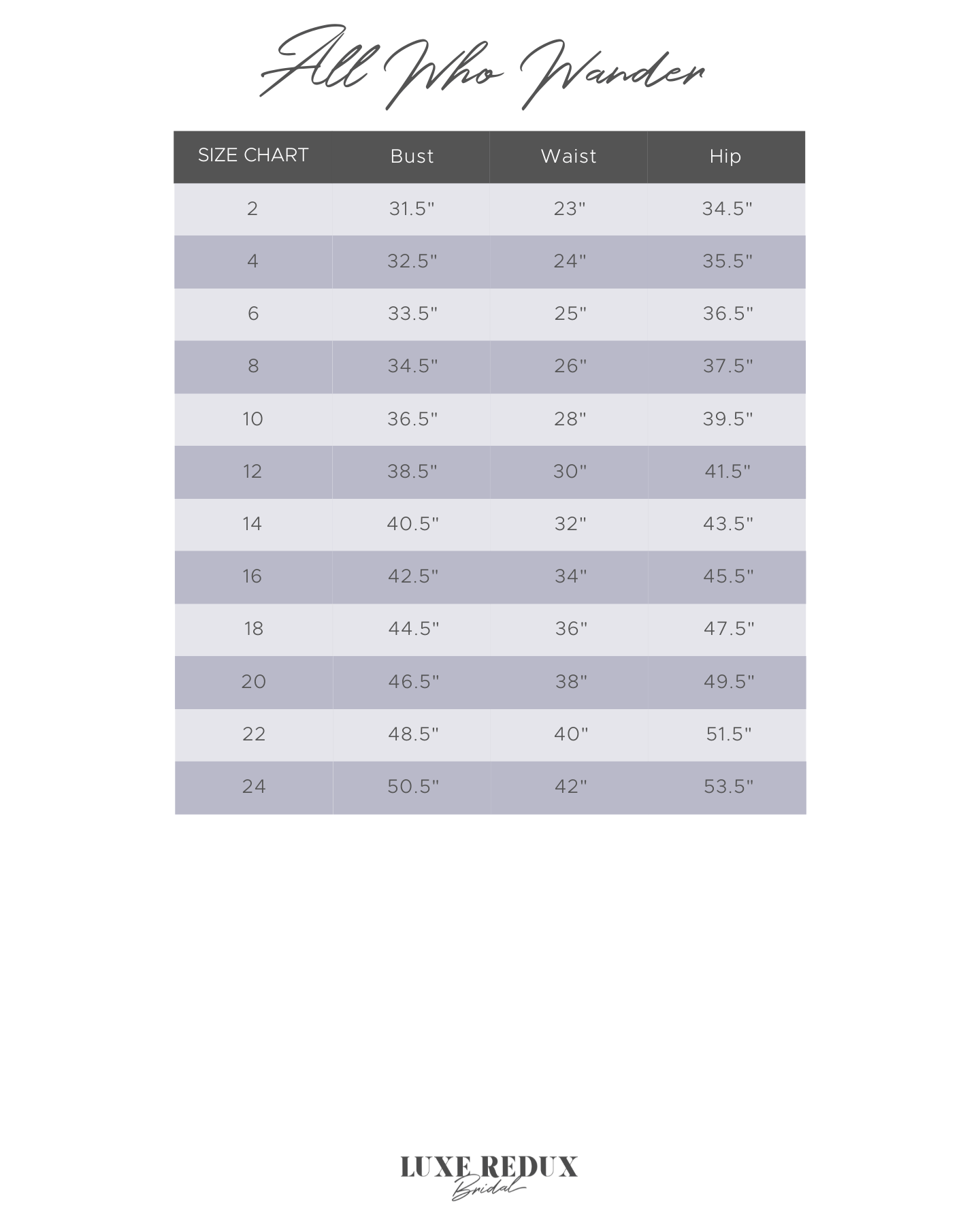 All Who Wander Avery - Size 20 Size Chart