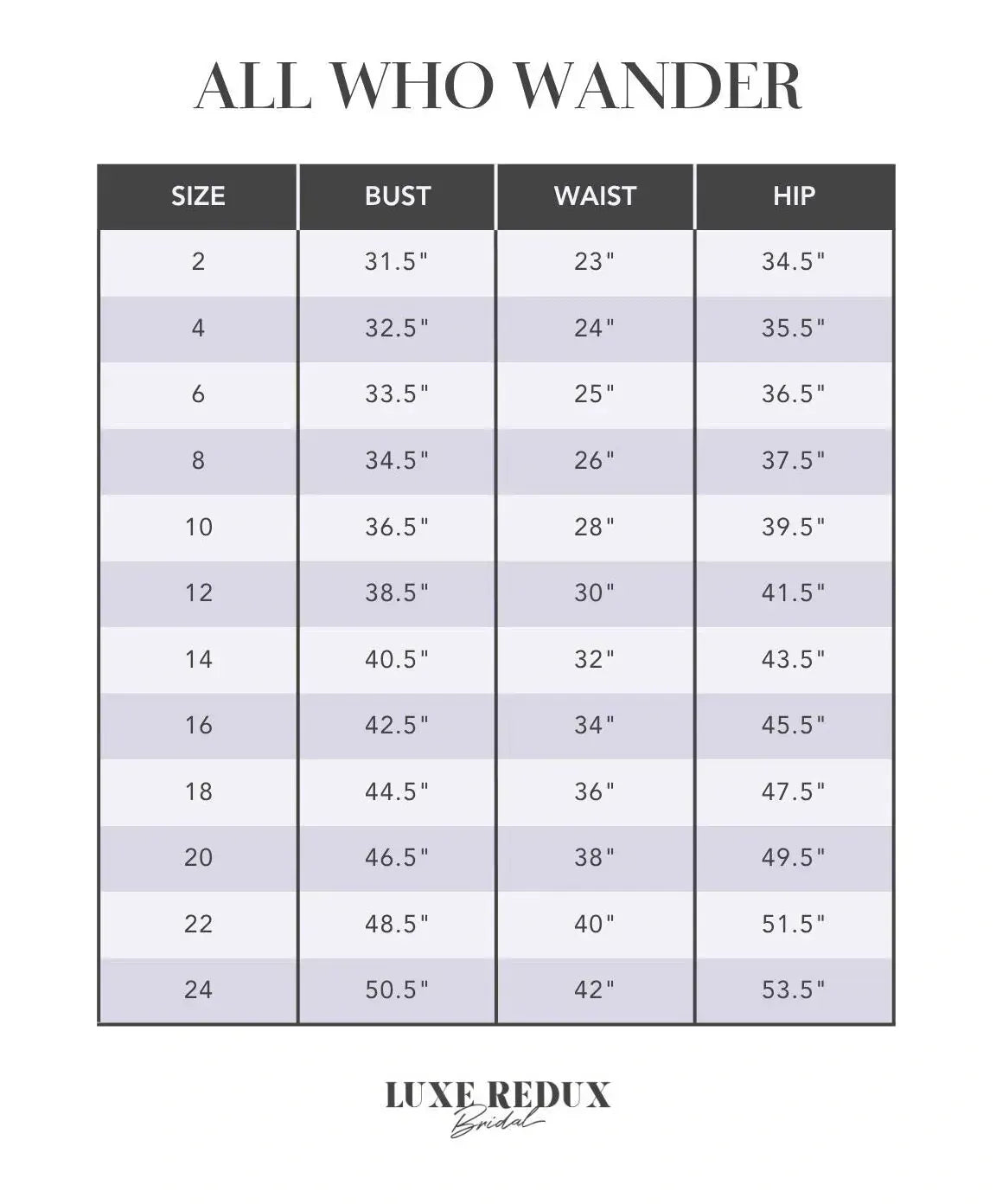 All Who Wander Wynter - Size 22 Size Chart