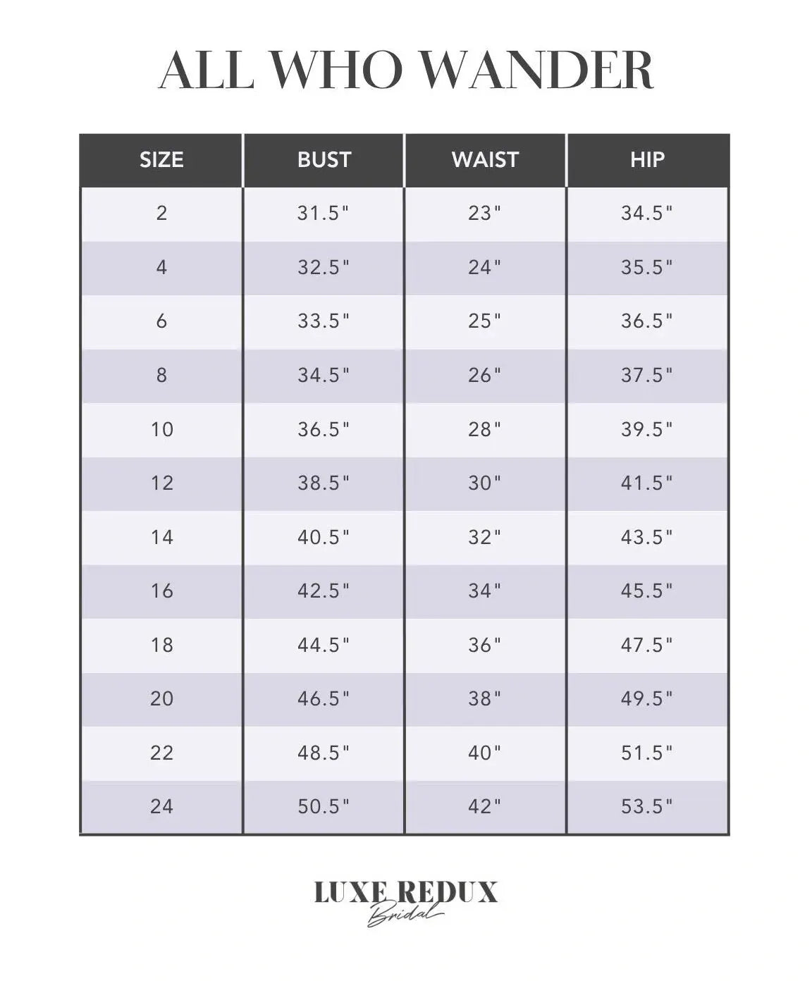 All Who Wander Clio - Size 12 Size Chart