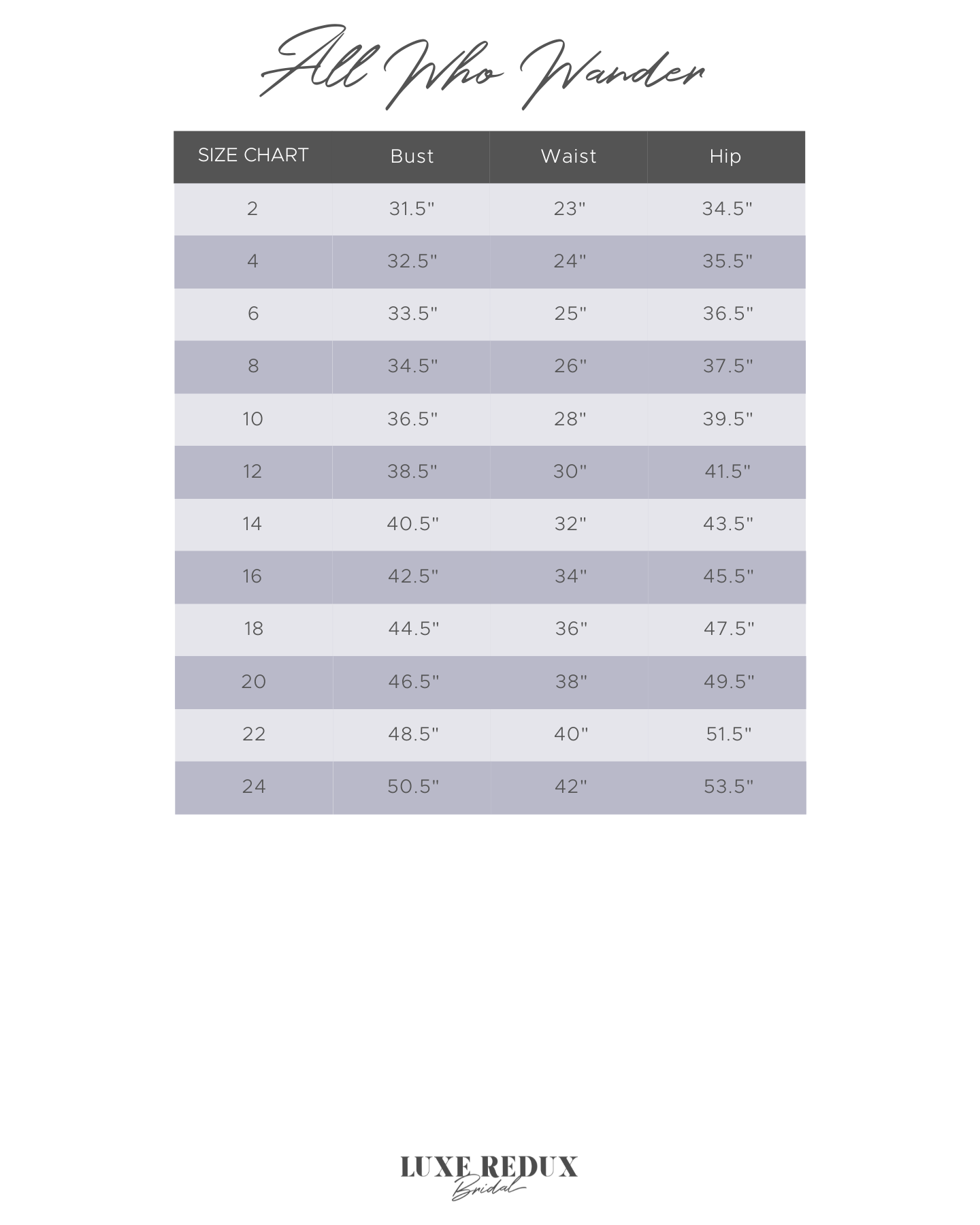 All Who Wander Ensley - Size 12 Size Chart