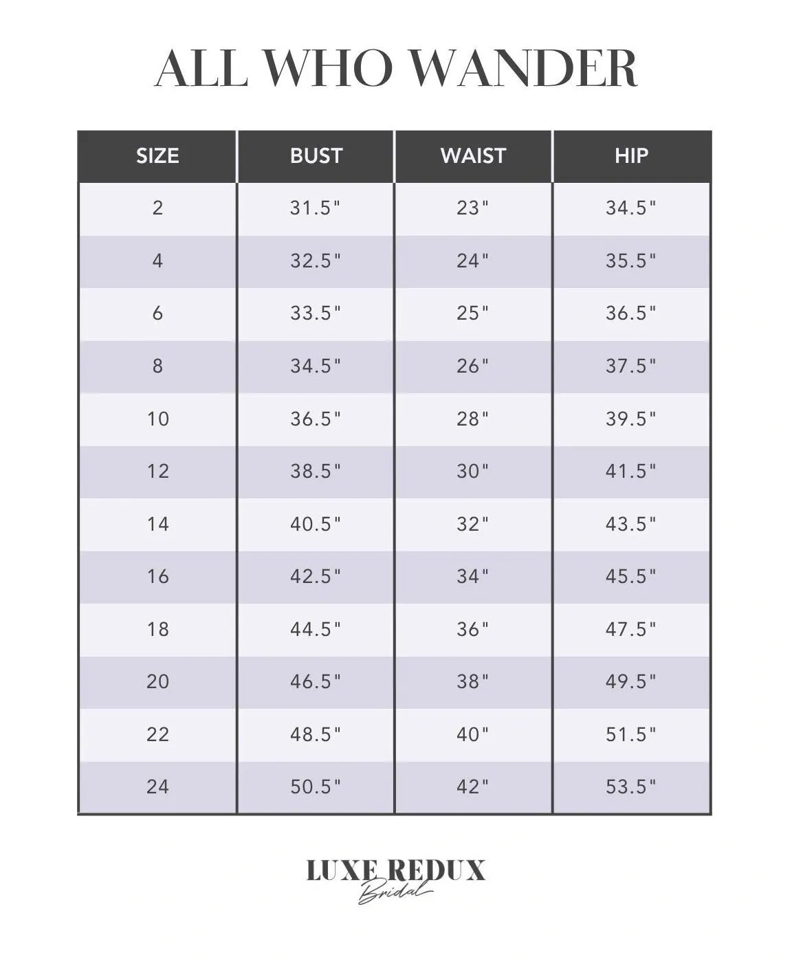 All Who Wander Hart - Size 14 Size Chart