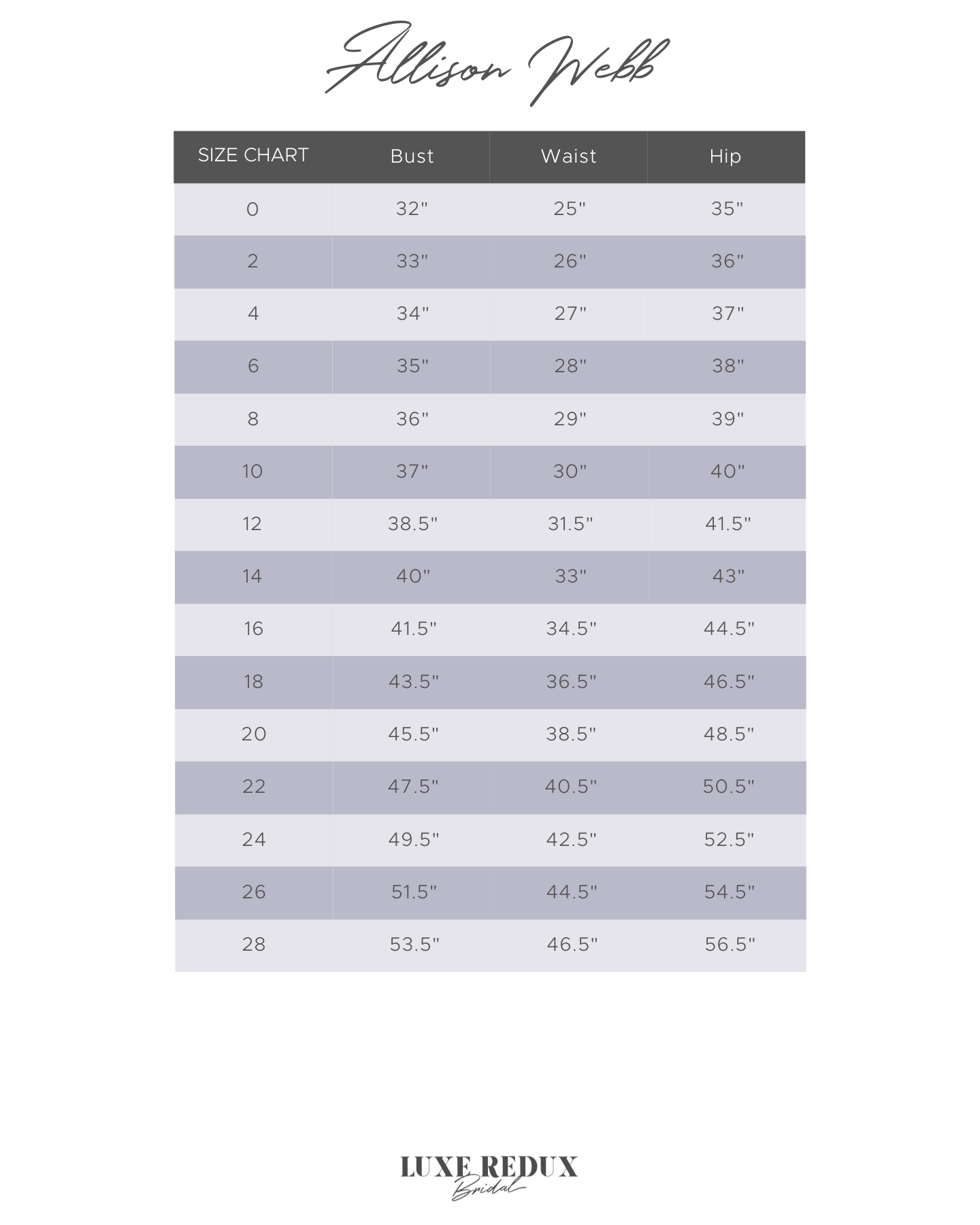 Allison Webb Sheridan - Size 22 Size Chart