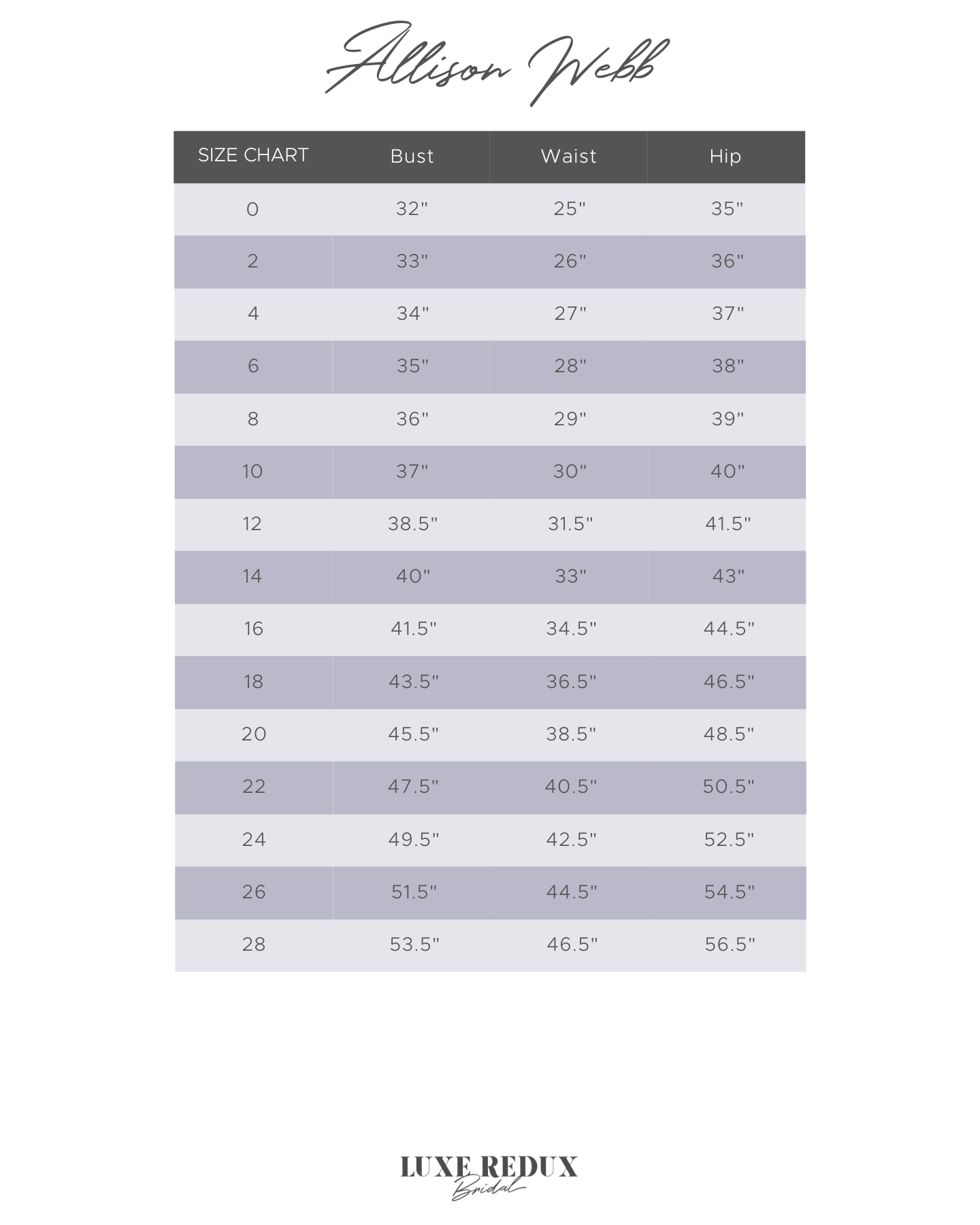 Allison Webb Aubrey - Size 22 Size Chart