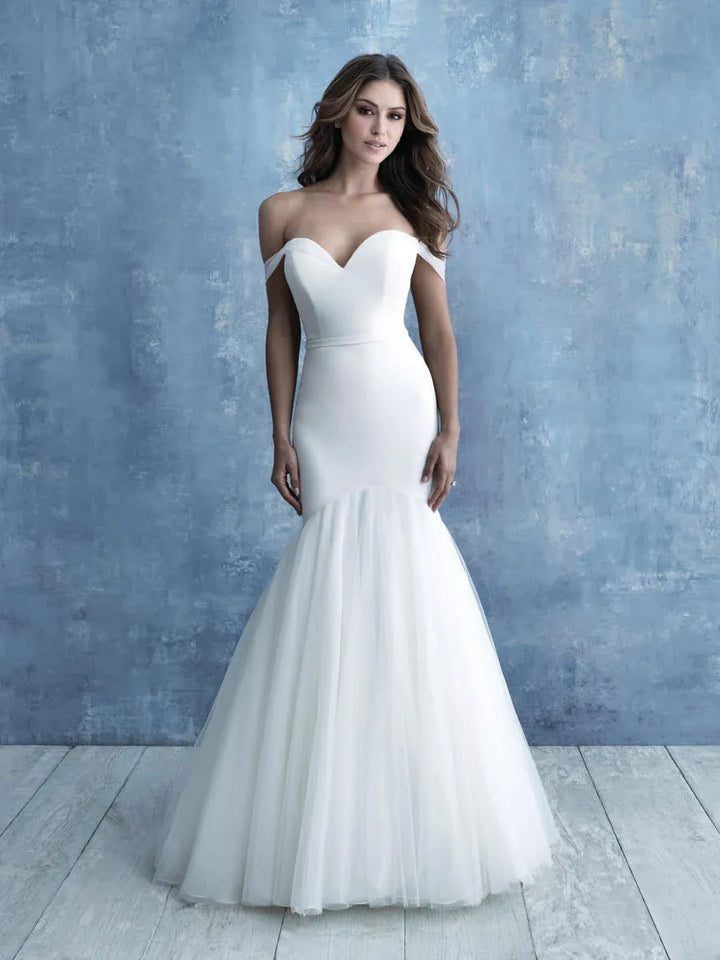 front of allure 9719 ivory fit and flare wedding dress showing the full front, with the sweetheart neckline and flared organza skirt
