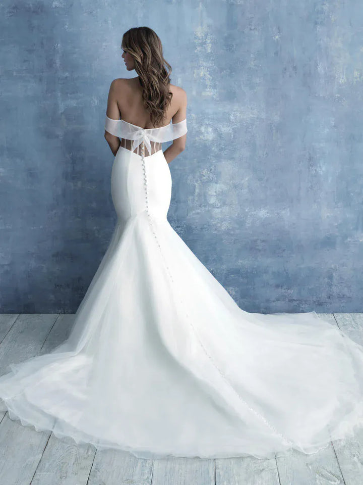 back of allure 9719 ivory fit and flare wedding dress showing the full back, with off the shoulder straps and buttons down the skirt onto the train
