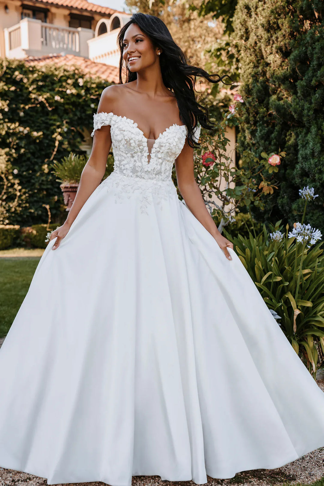 front of allure 9908 ivory satin a-line wedding dress with floral lace appliques that cascade from the sweetheart bodice onto the skirt