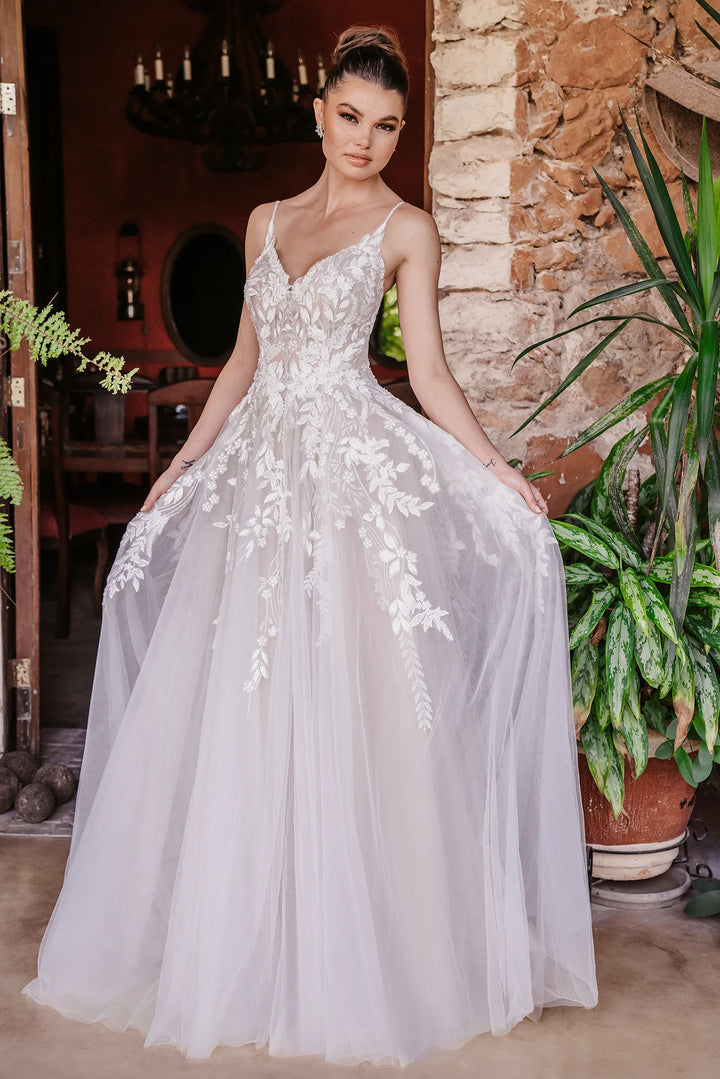full front of allure 9951 mocha tulle a-line wedding dress featuring a v neckline, thin straps, and cascading floral lace appliques