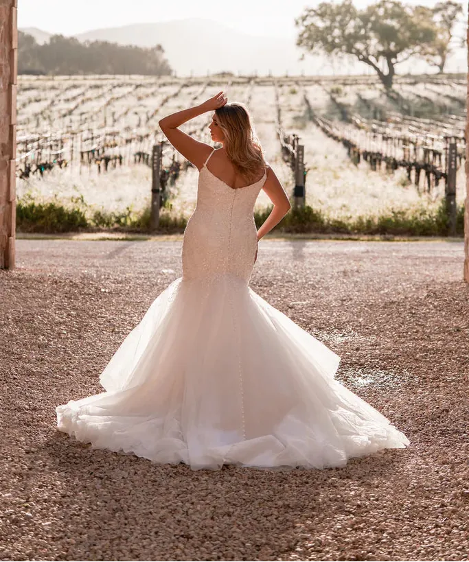 Woman in a wedding dress standing under a stone archway with a vineyard in the background
