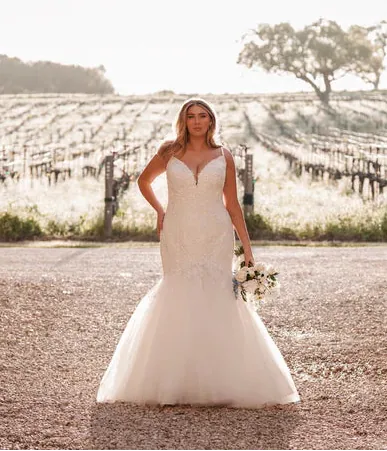 Woman in a wedding dress standing under a stone archway with a scenic background.