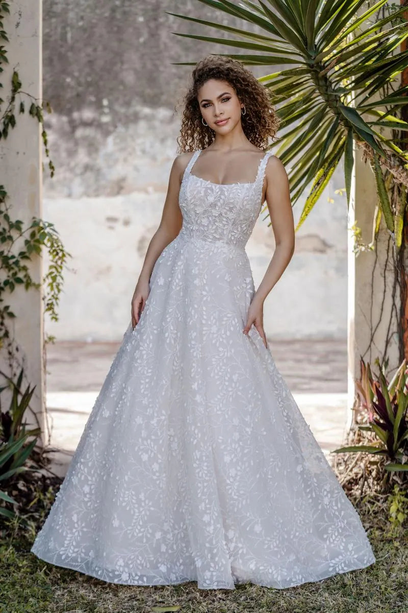allure c659 tulle a-line wedding dress showing the front of the gown, with square neckline and floral print
