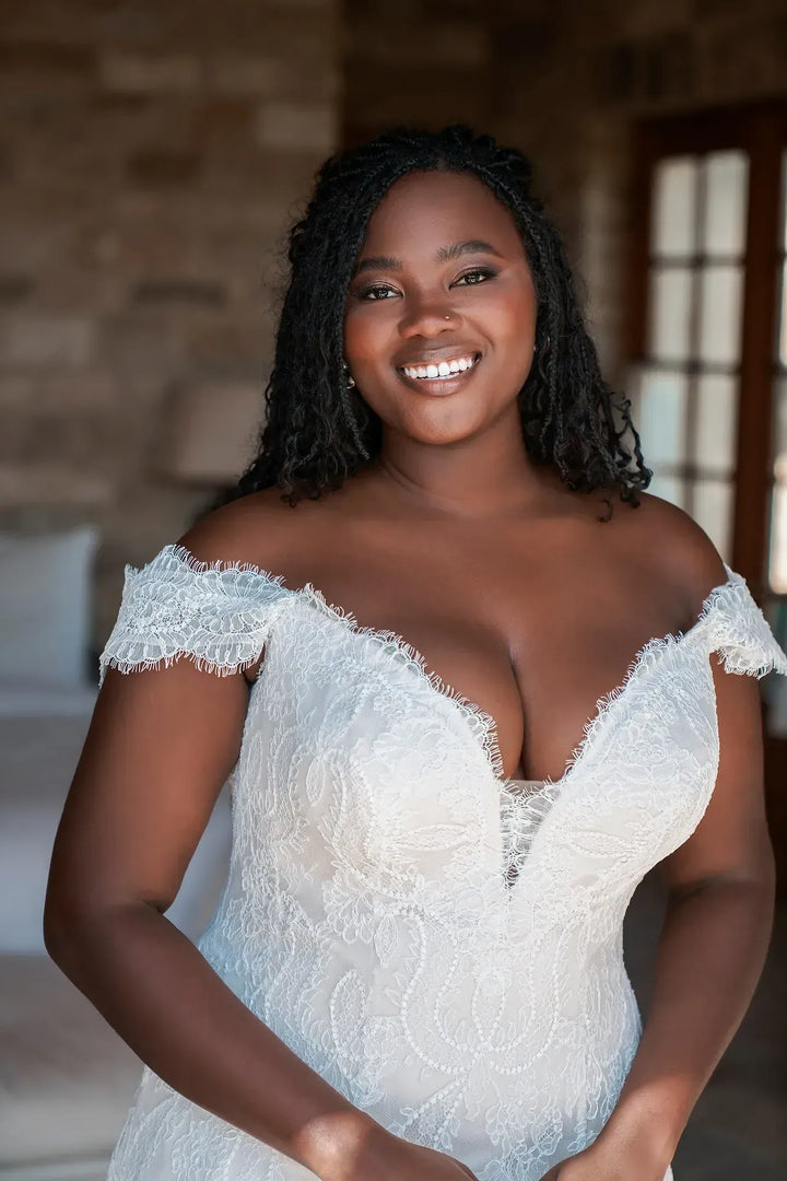close up of allure w501 nude lace a-line wedding dress showing the off the shoulder neckline