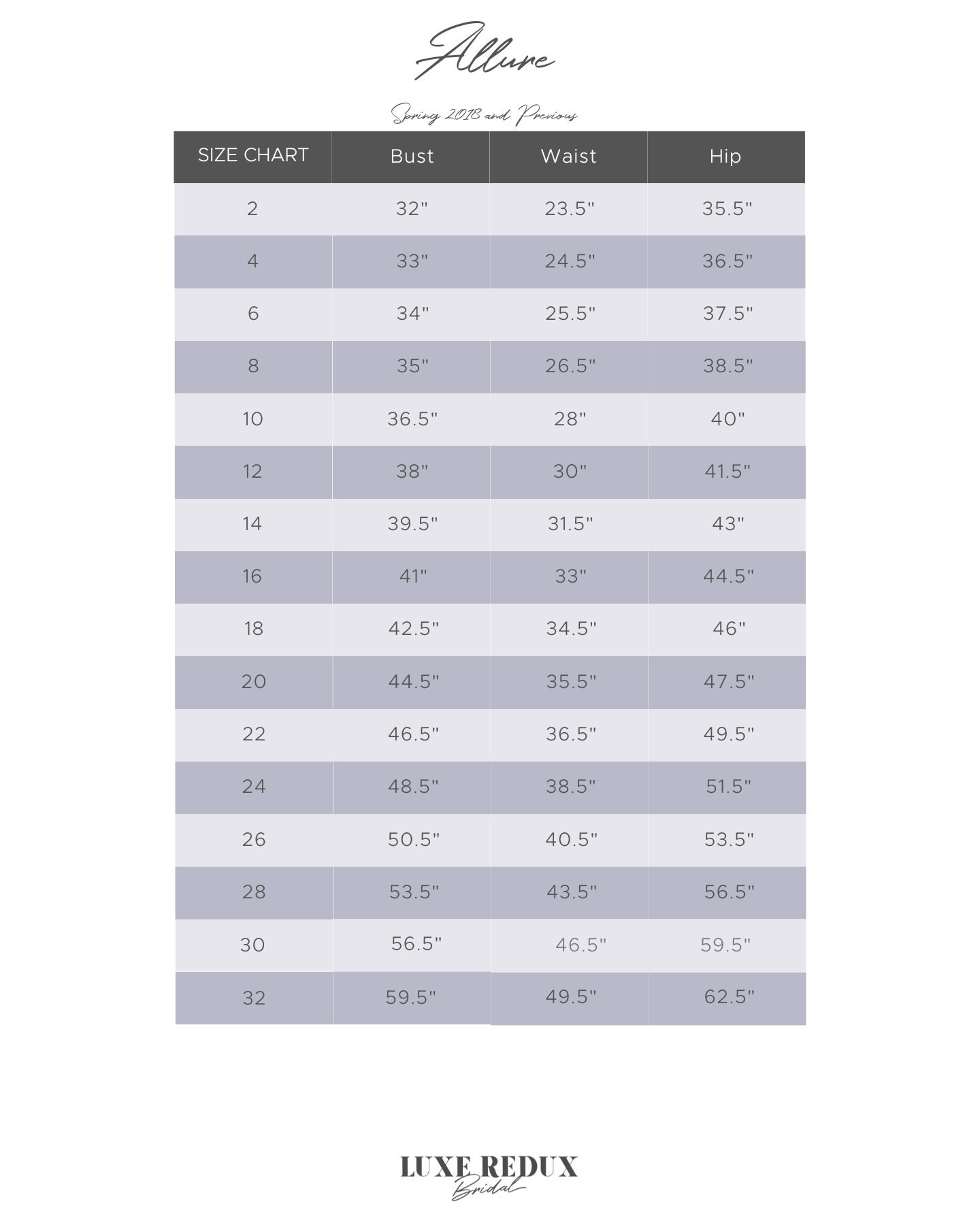 Allure 9950 - Size 16 Size Chart