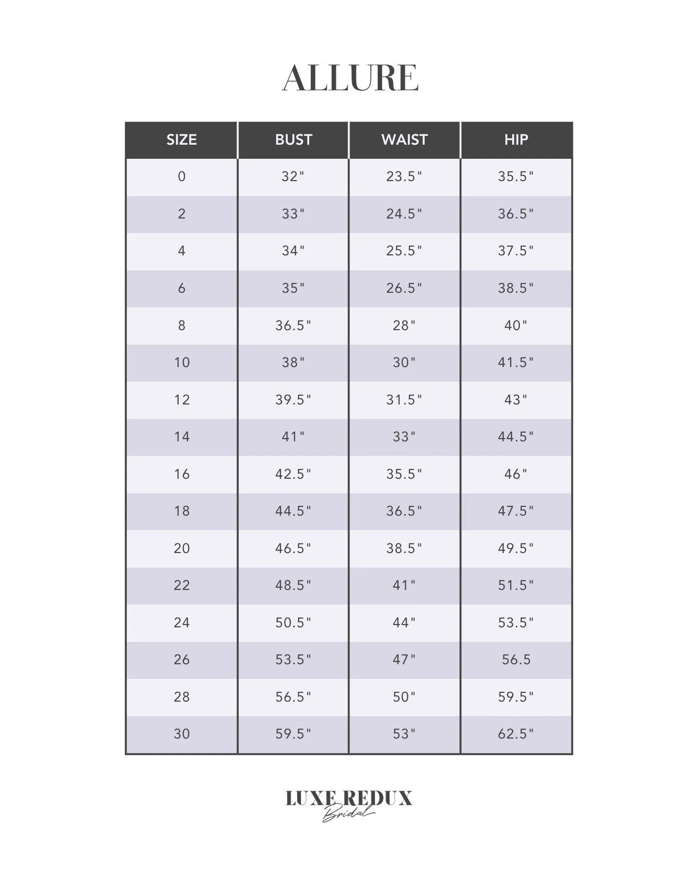 Allure C606 - Size 10 Size Chart