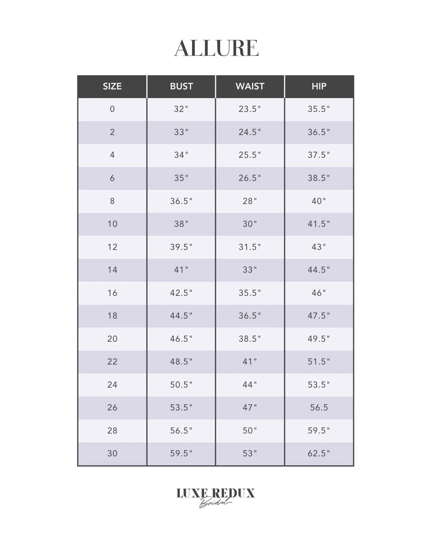 Allure R3658 - Size 10 Size Chart
