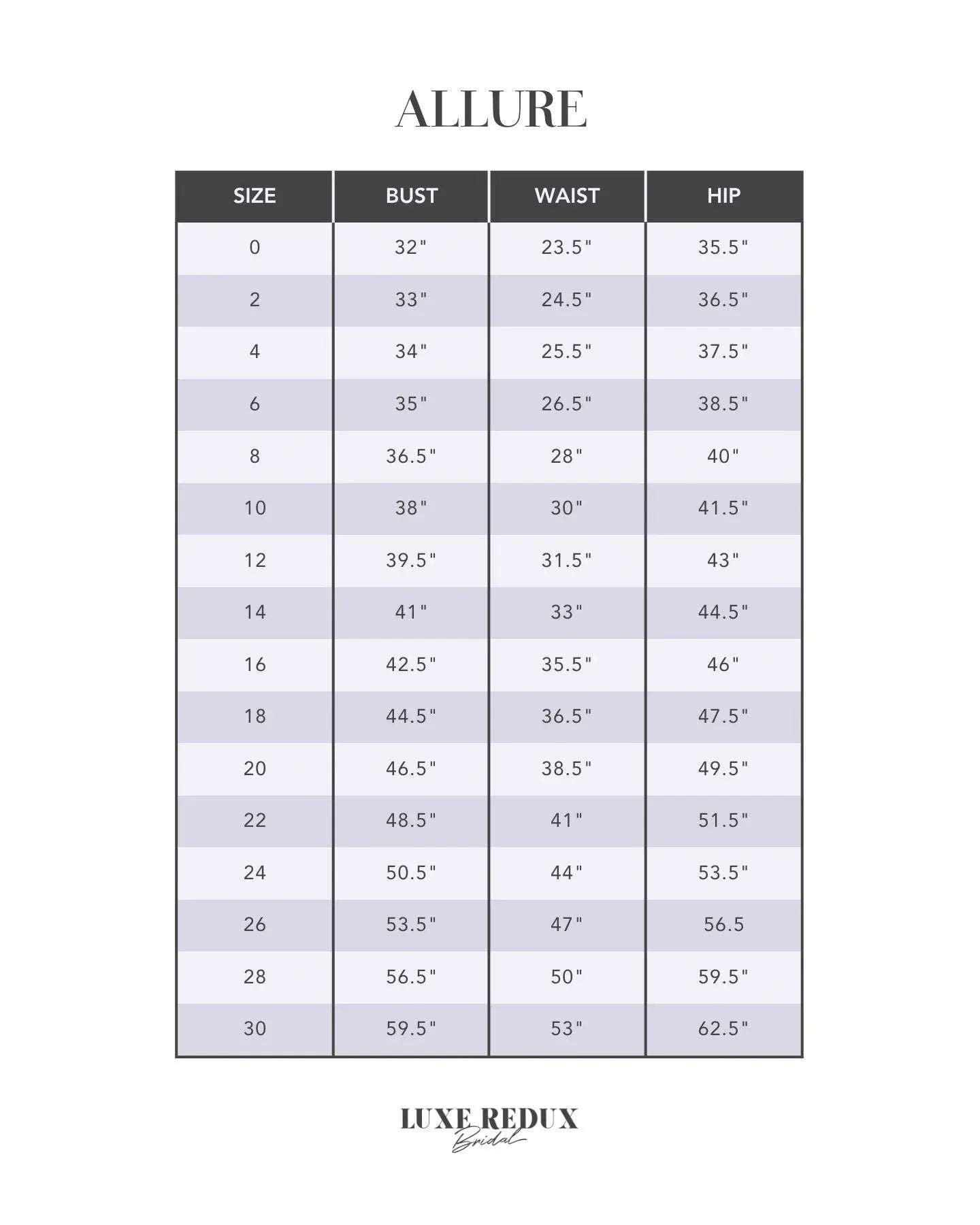 Allure Couture C525 - Size 10 Size Chart