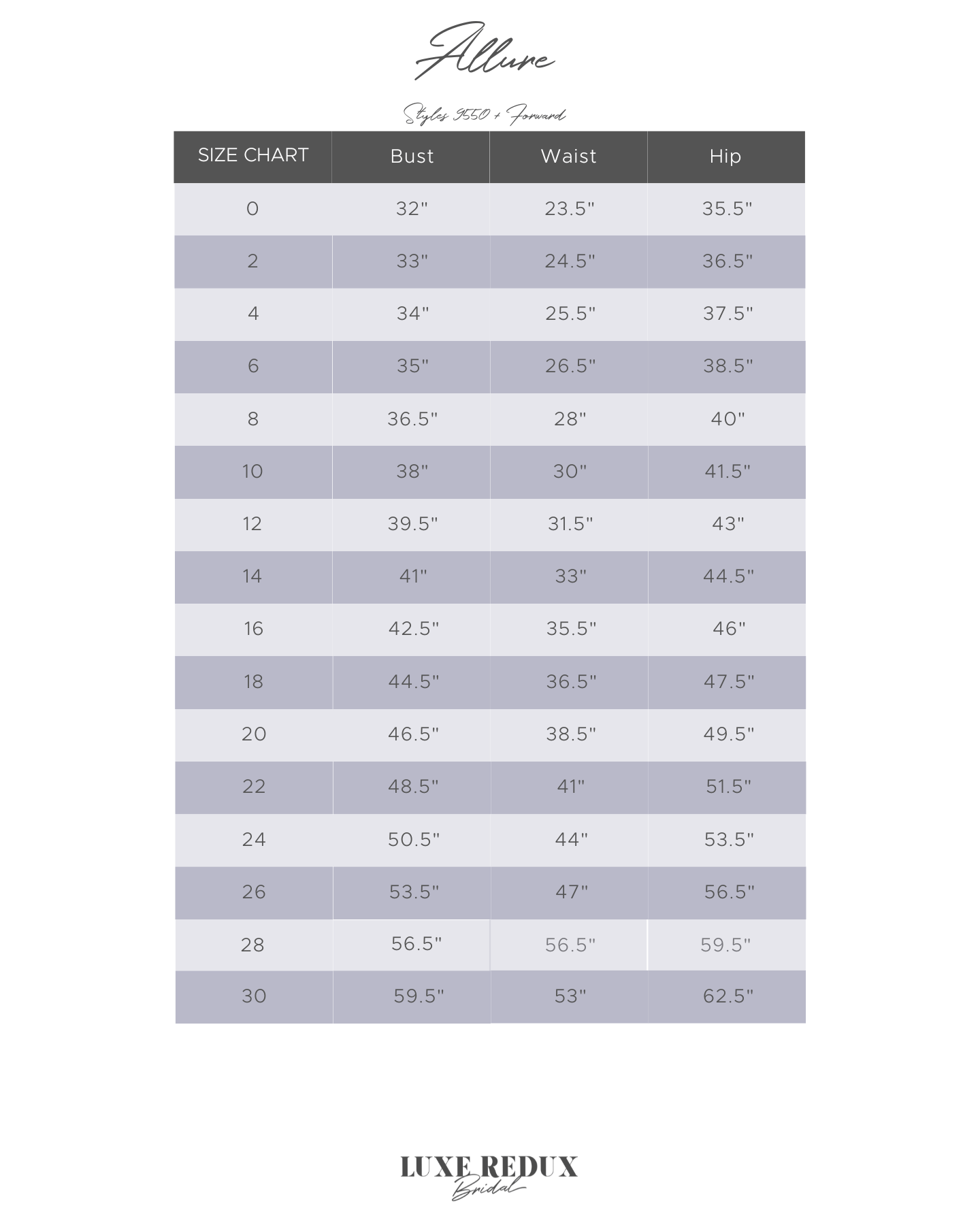 Allure 9803L - Size 18 Size Chart