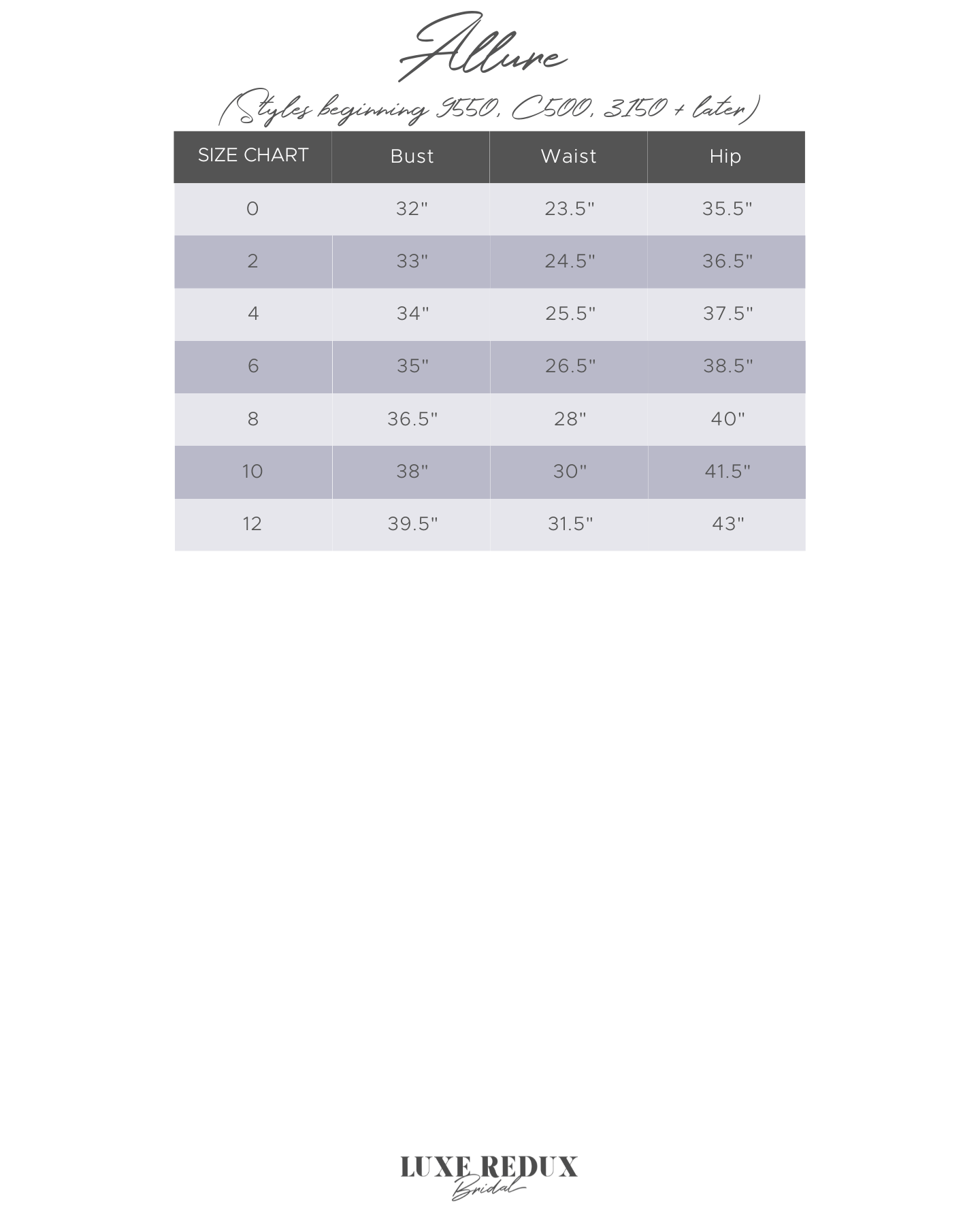 Allure C586L - Size 12 Size Chart